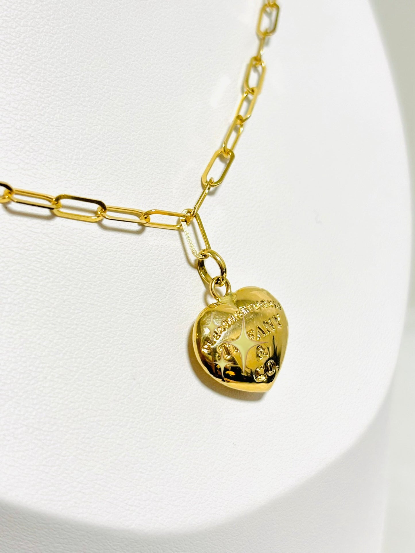 18K Gold Paperclip with Heart and Ball Charm Necklace
