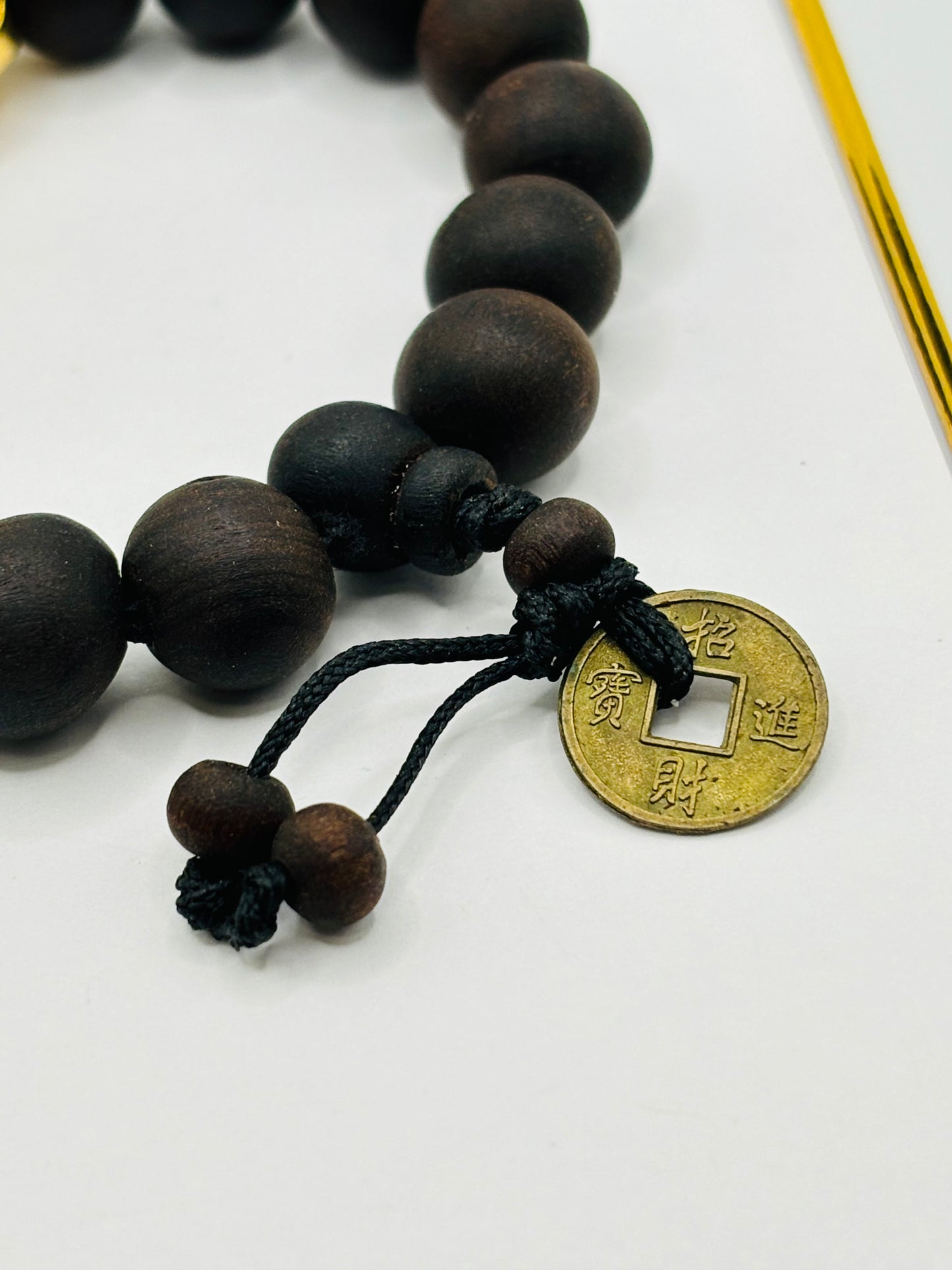 18K Gold Lucky Piyao/ Pi Xiu Bracelet Dark Wood with Lucky Coin ( Hollow Empty Inside) XXL