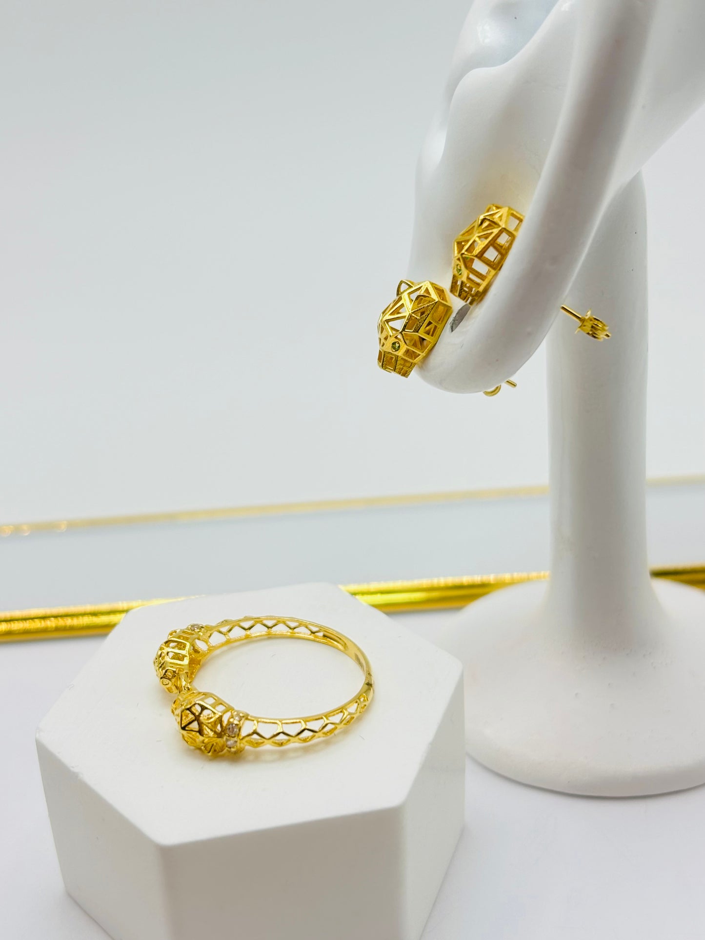 18K Gold Panther Earrings and Ring Set