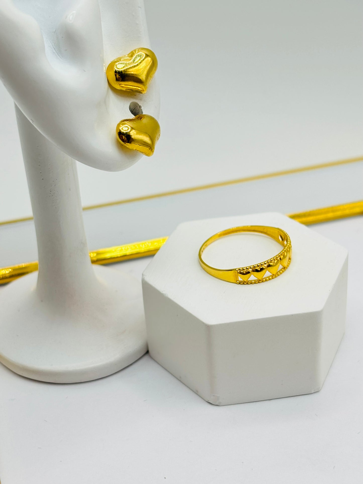 18K Gold Heart Earring and Ring Set