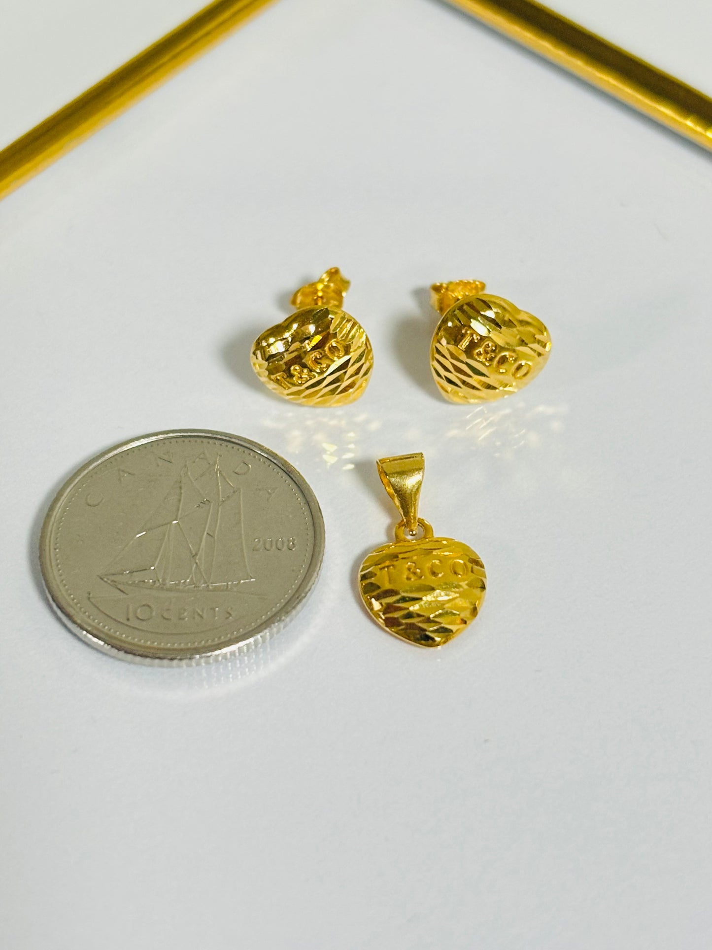 18K Gold T&C Heart Earrings and Pendant Set