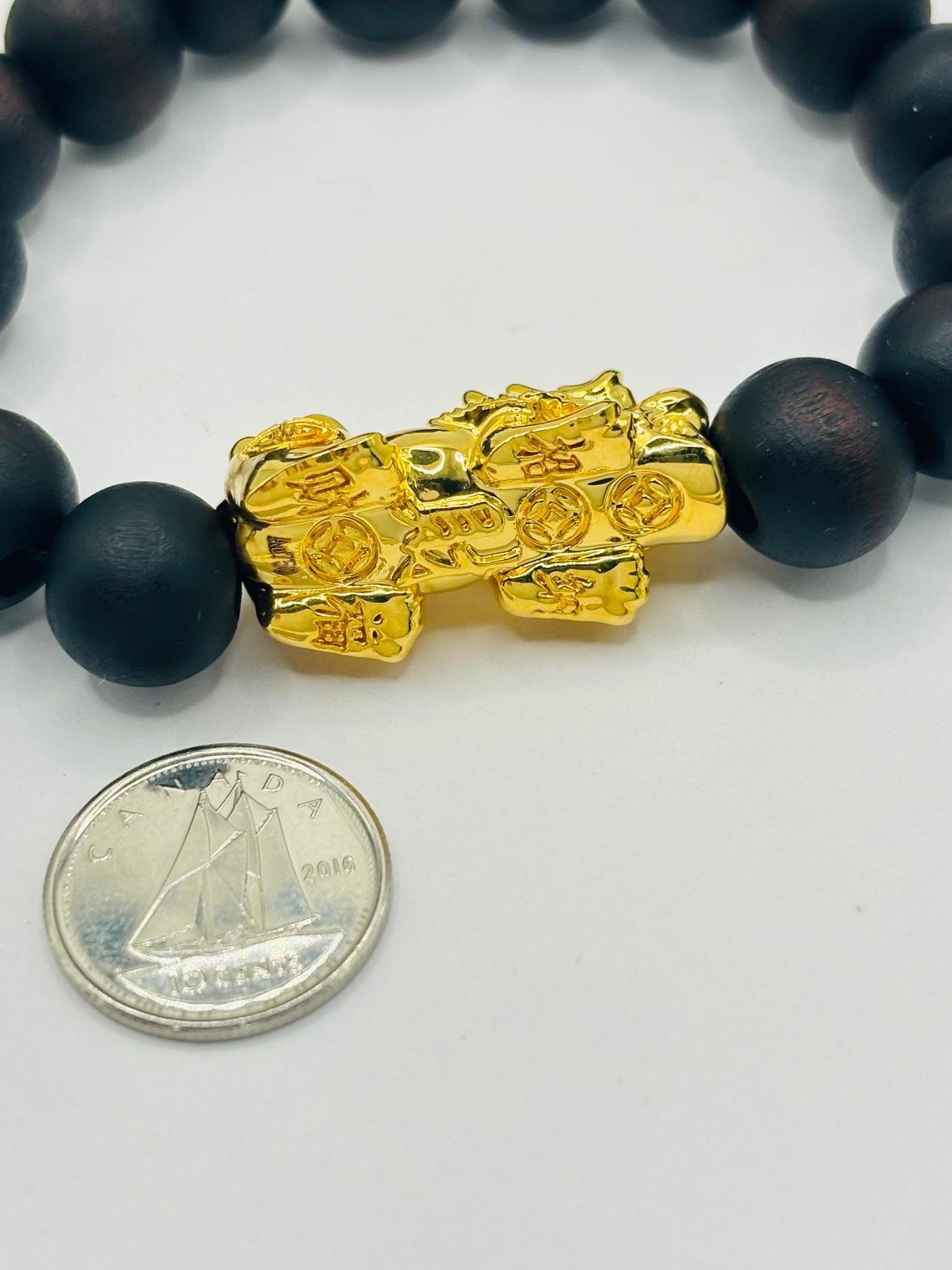 18K Gold  Lucky Piyao/ Pi Xiu Bracelet Dark Wood with Lucky Coin ( Hollow Empty Inside) XXL