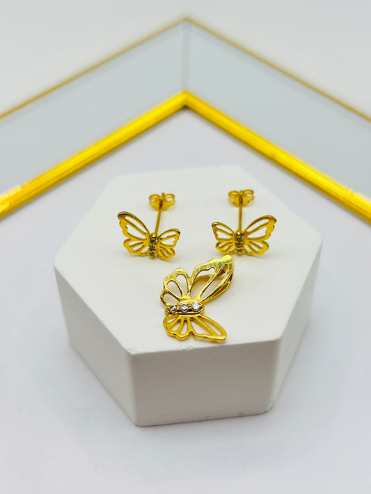 18K Gold Butterfly Earrings and Pendant Set