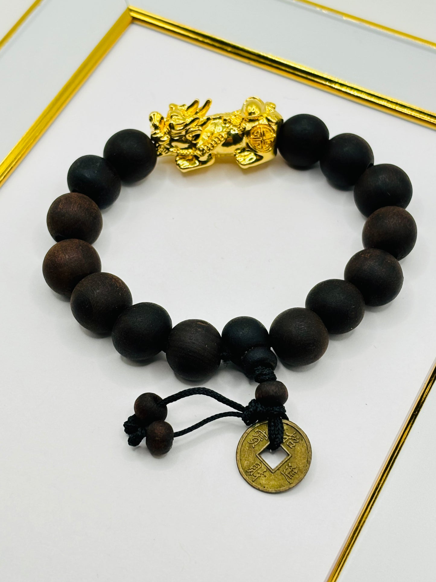 18K Gold Lucky Piyao/ Pi Xiu Bracelet Dark Wood with Lucky Coin ( Hollow Empty Inside) XXL