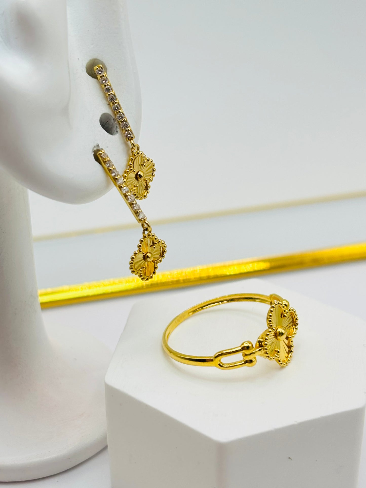 18K Gold Clover Dangling Earrings and Ring Set