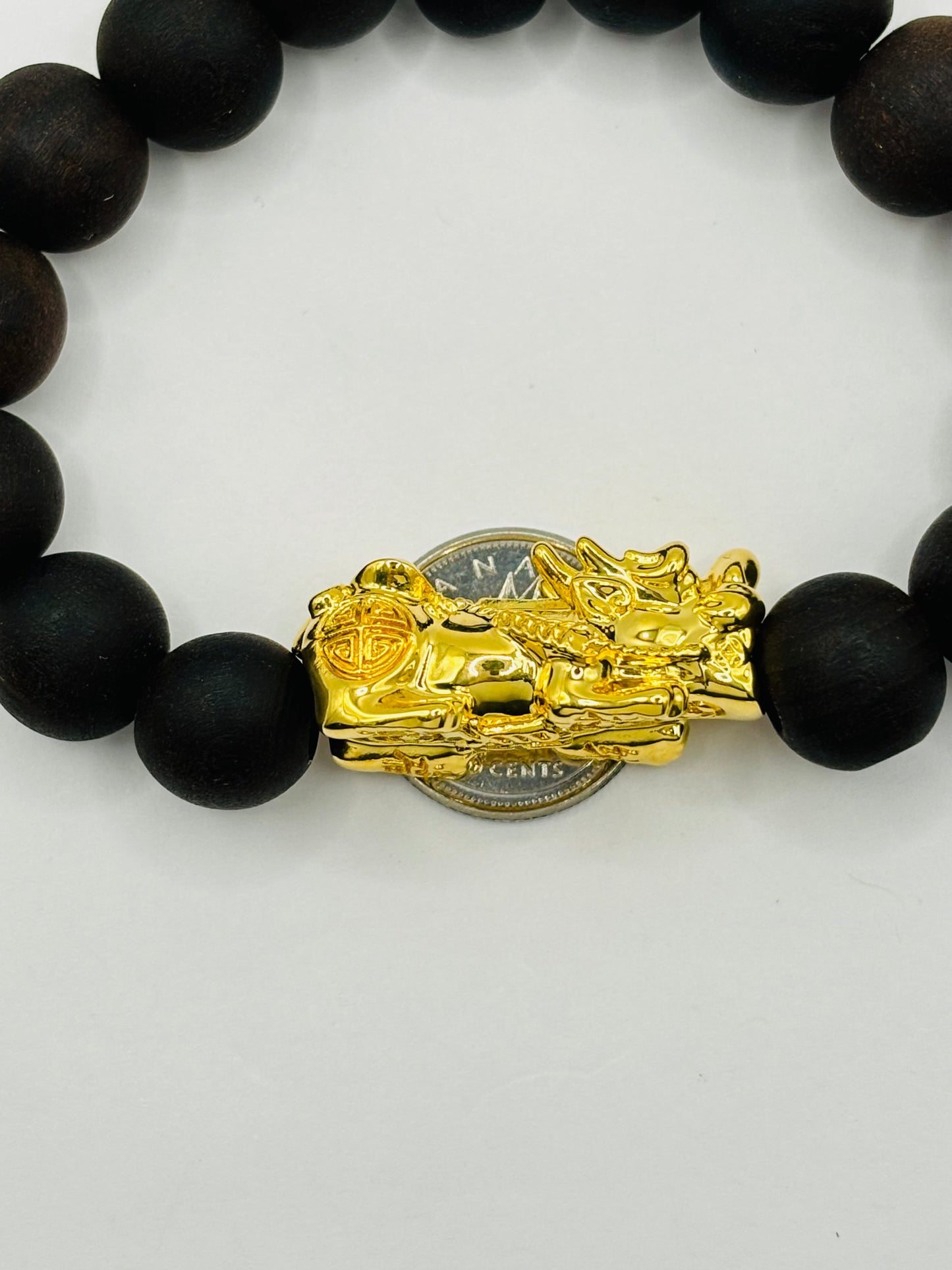 18K Gold Lucky Piyao/ Pi Xiu Bracelet Dark Wood with Lucky Coin ( Hollow Empty Inside) XXL