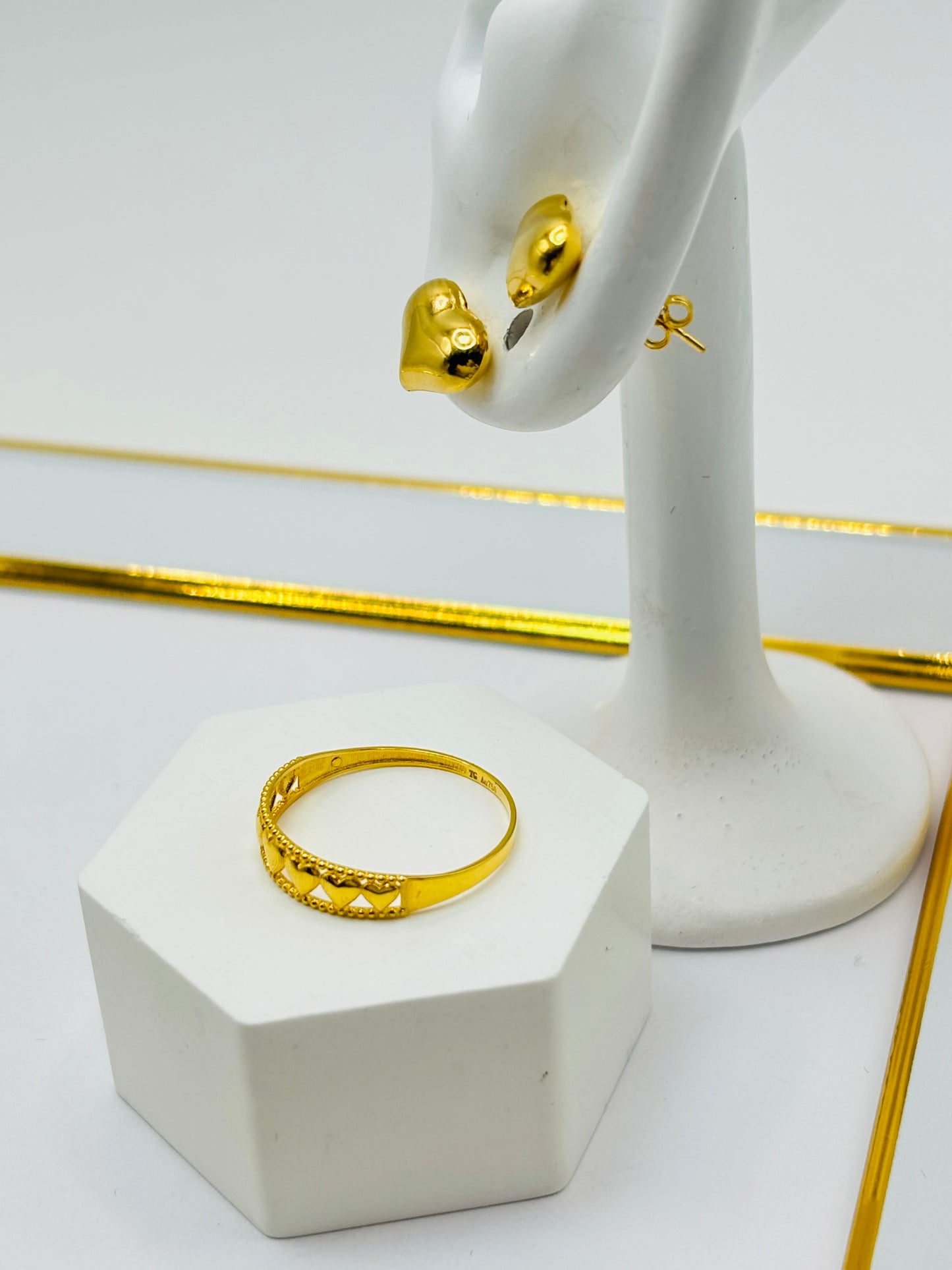 18K Gold Heart Earring and Ring Set