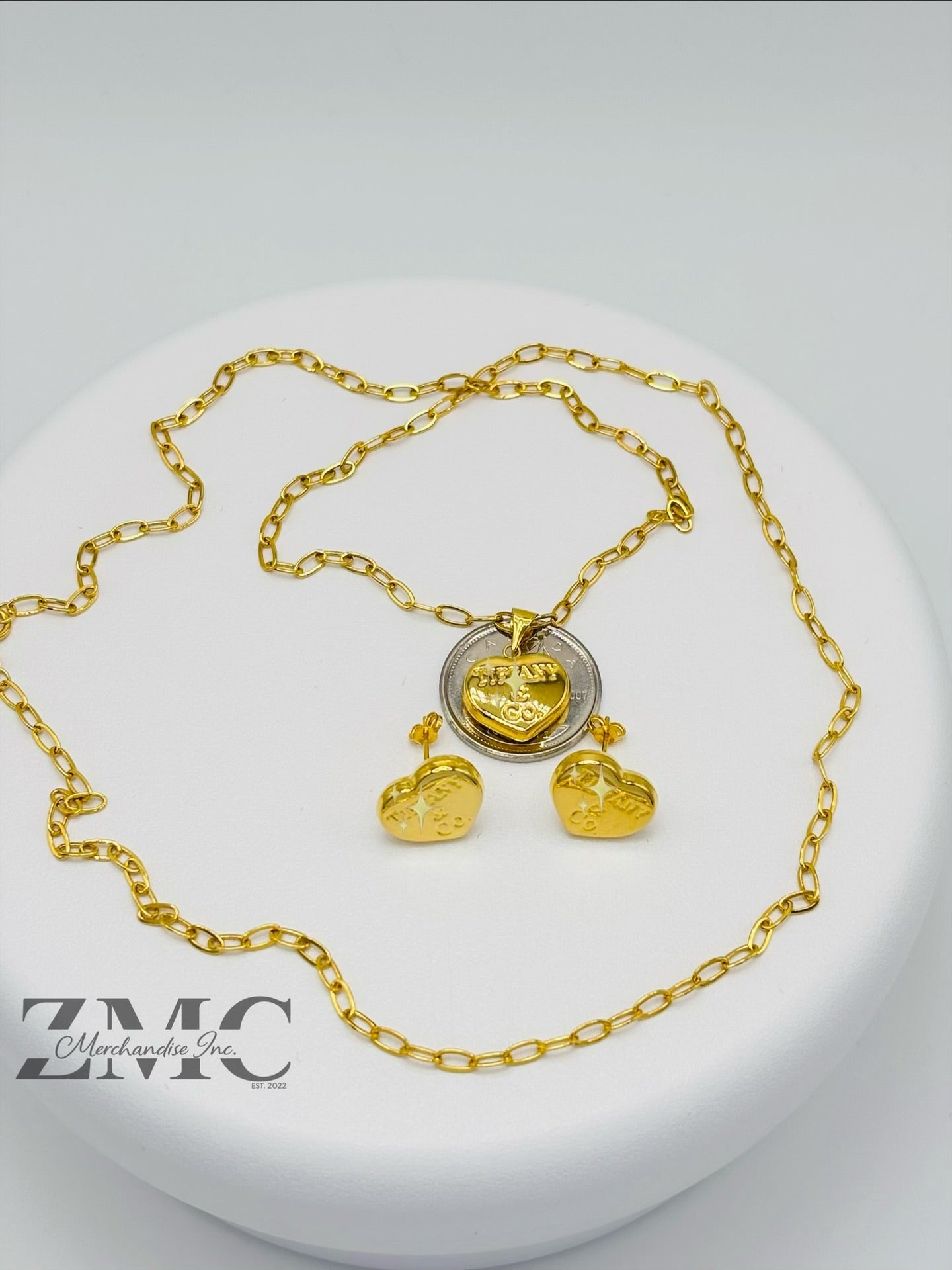 18K Gold Heart Earrings and Paperclip Necklace Set
