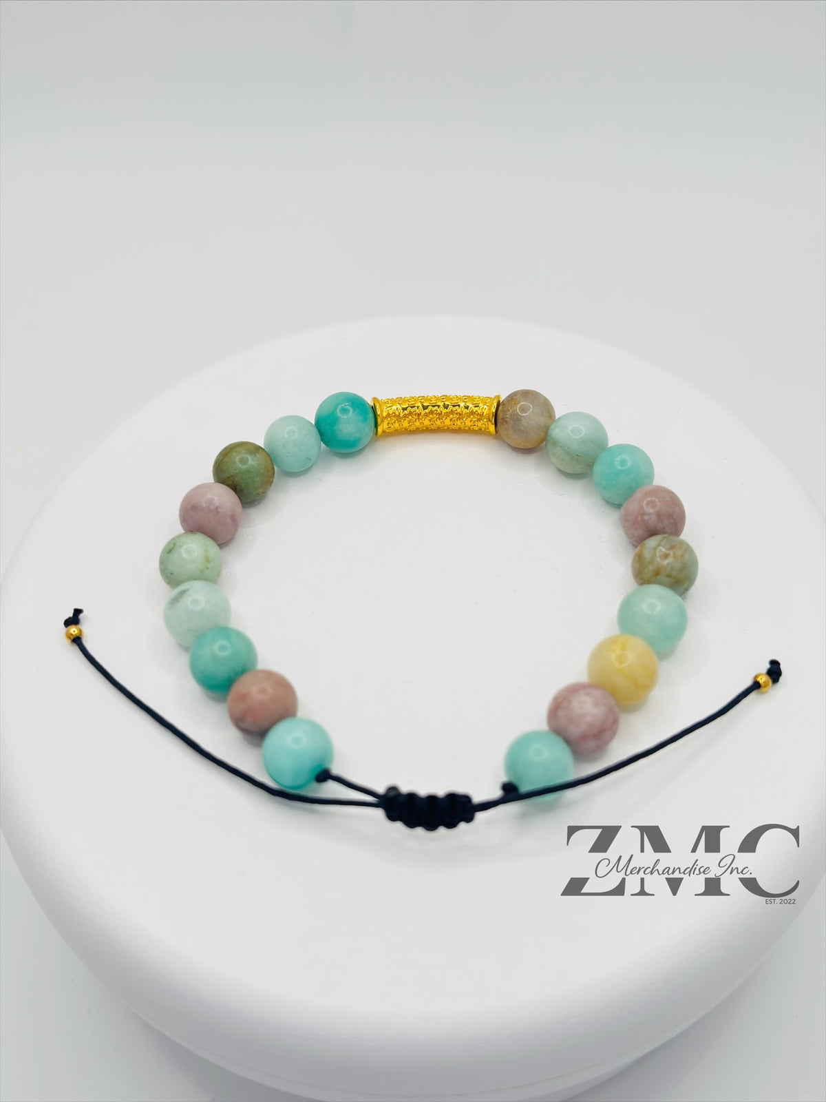 18K Gold Lucky Baifu Tube Pink Jasper, Amazonite Bracelet ( Hollow Empty Inside)