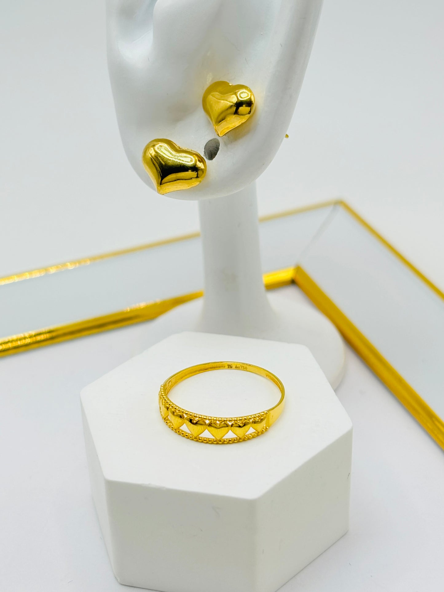 18K Gold Heart Earring and Ring Set