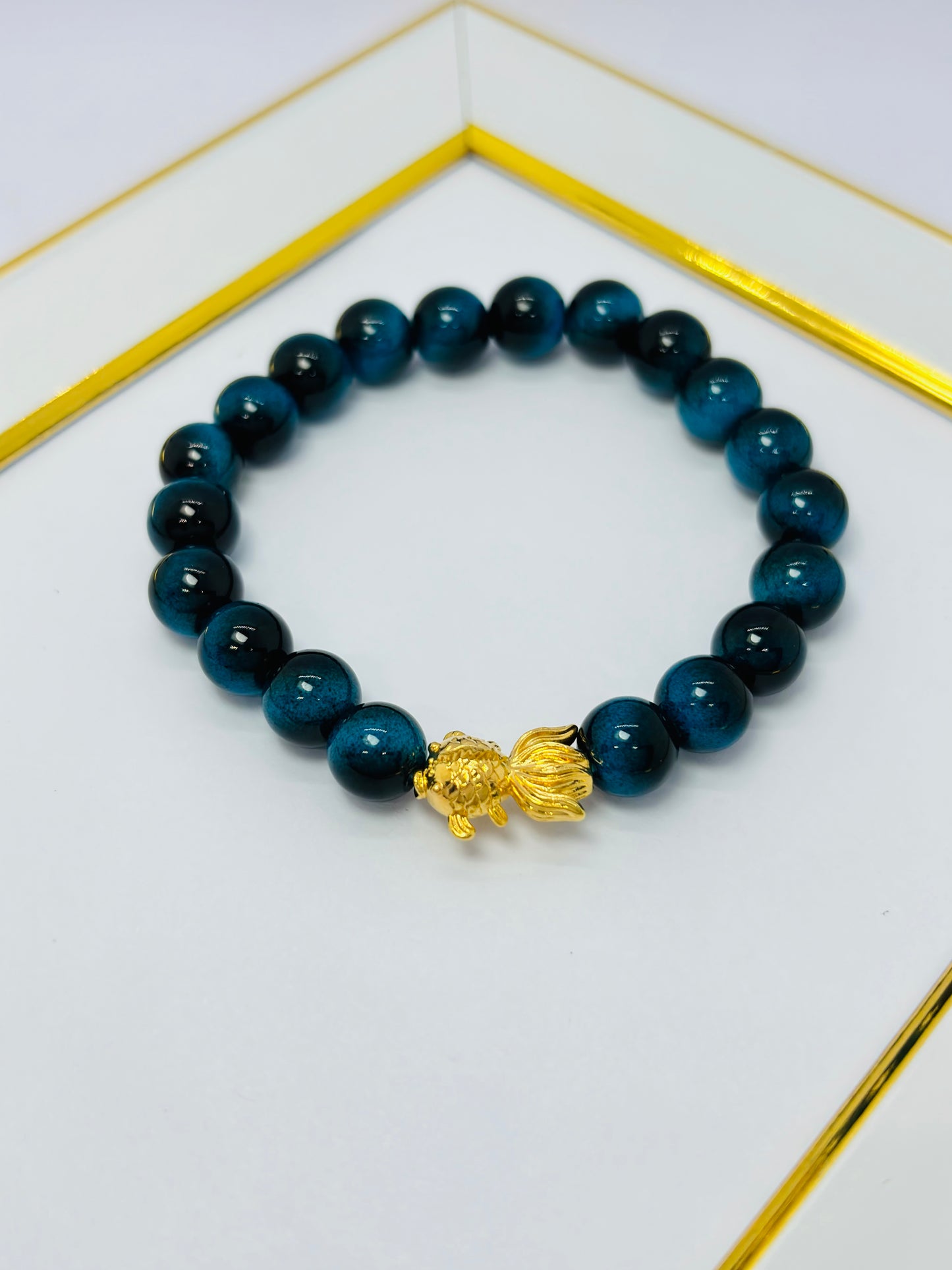 18K Gold Lucky Koi Fish Blue Tiger Eye Stone ( Hollow Empty Inside) Medium Size