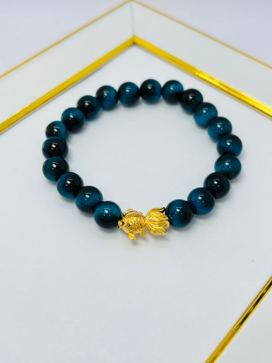 18K Gold Lucky Koi Fish  Blue Tiger Eye Stone  ( Hollow Empty Inside) Medium Size