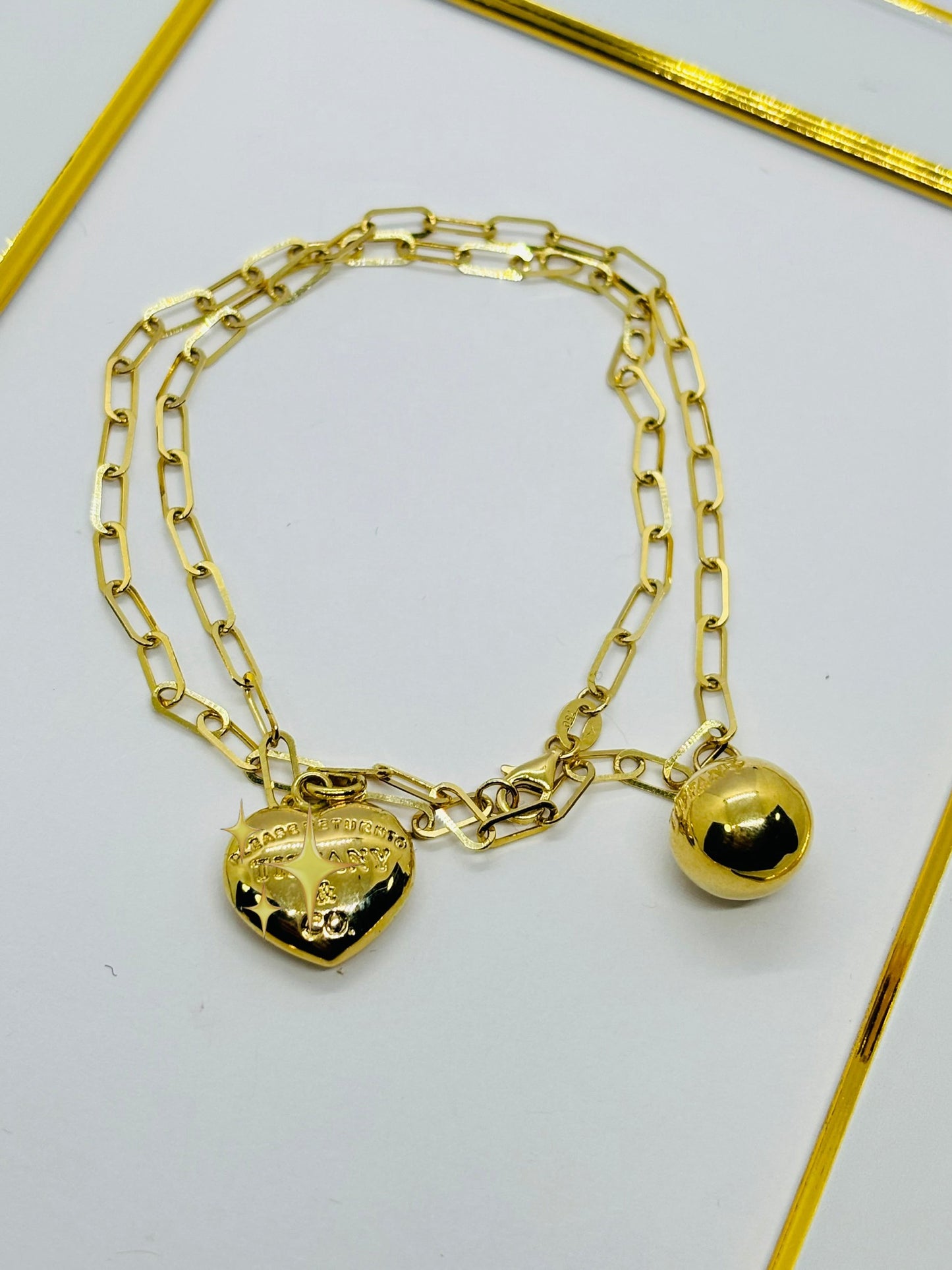 18K Gold Paperclip with Heart and Ball Charm Necklace