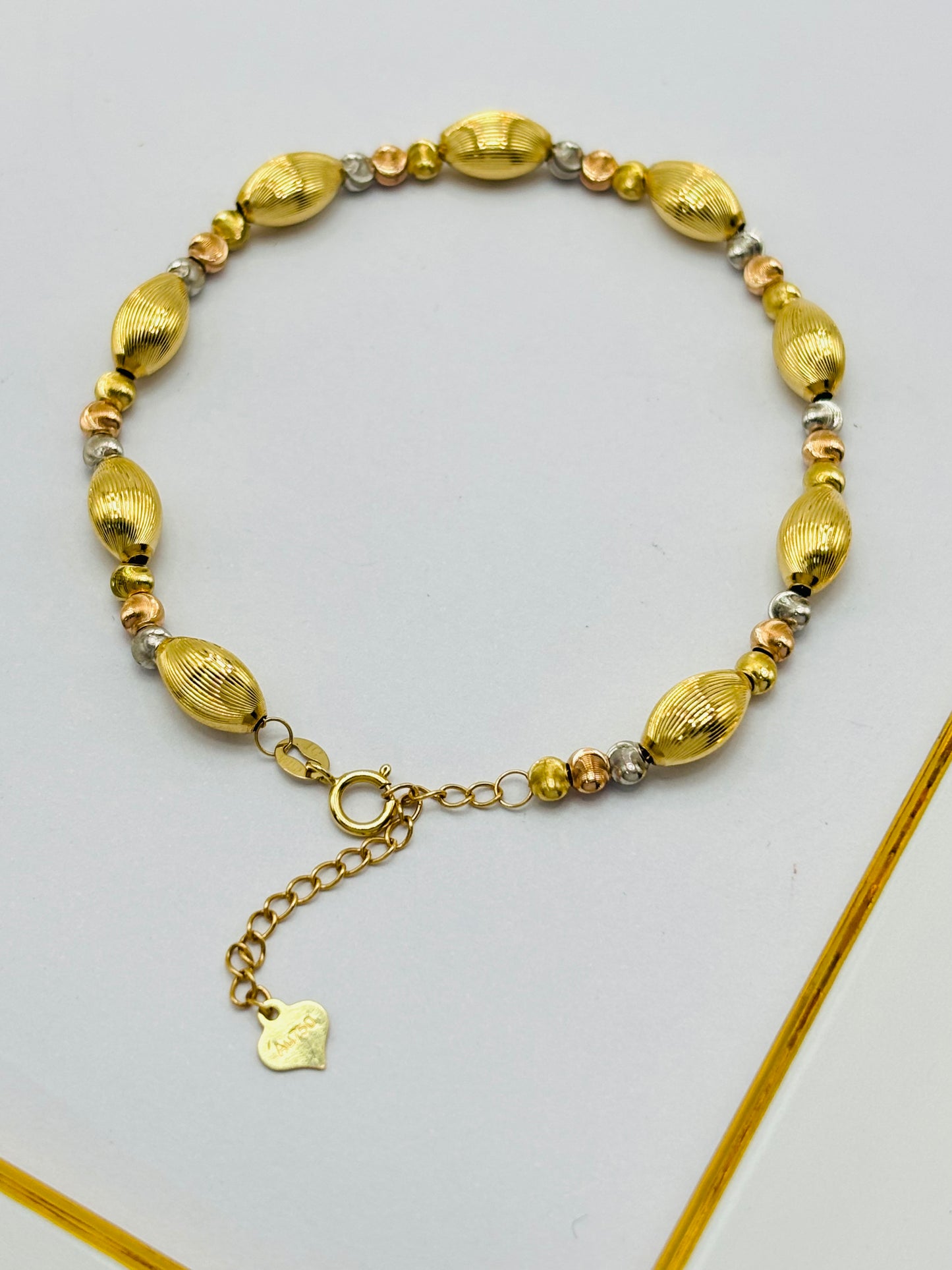 18K Gold Tri-Color Cats Eye Ball and Oval Bracelet