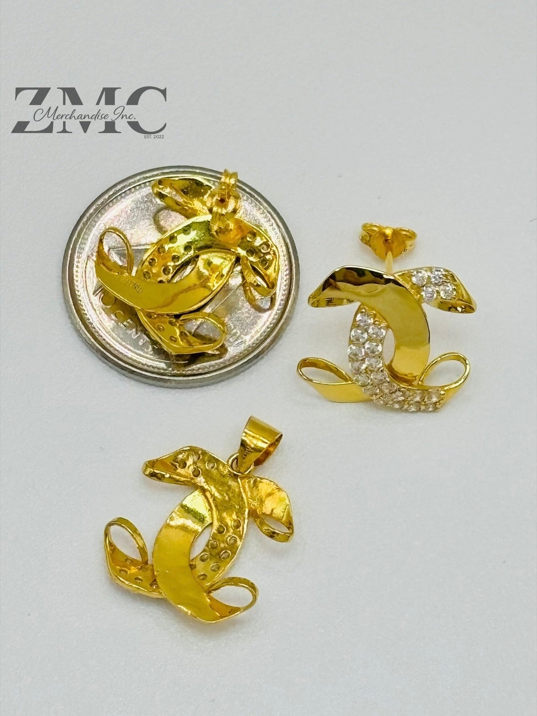 18K Gold C Earrings and Pendant with Stone Set