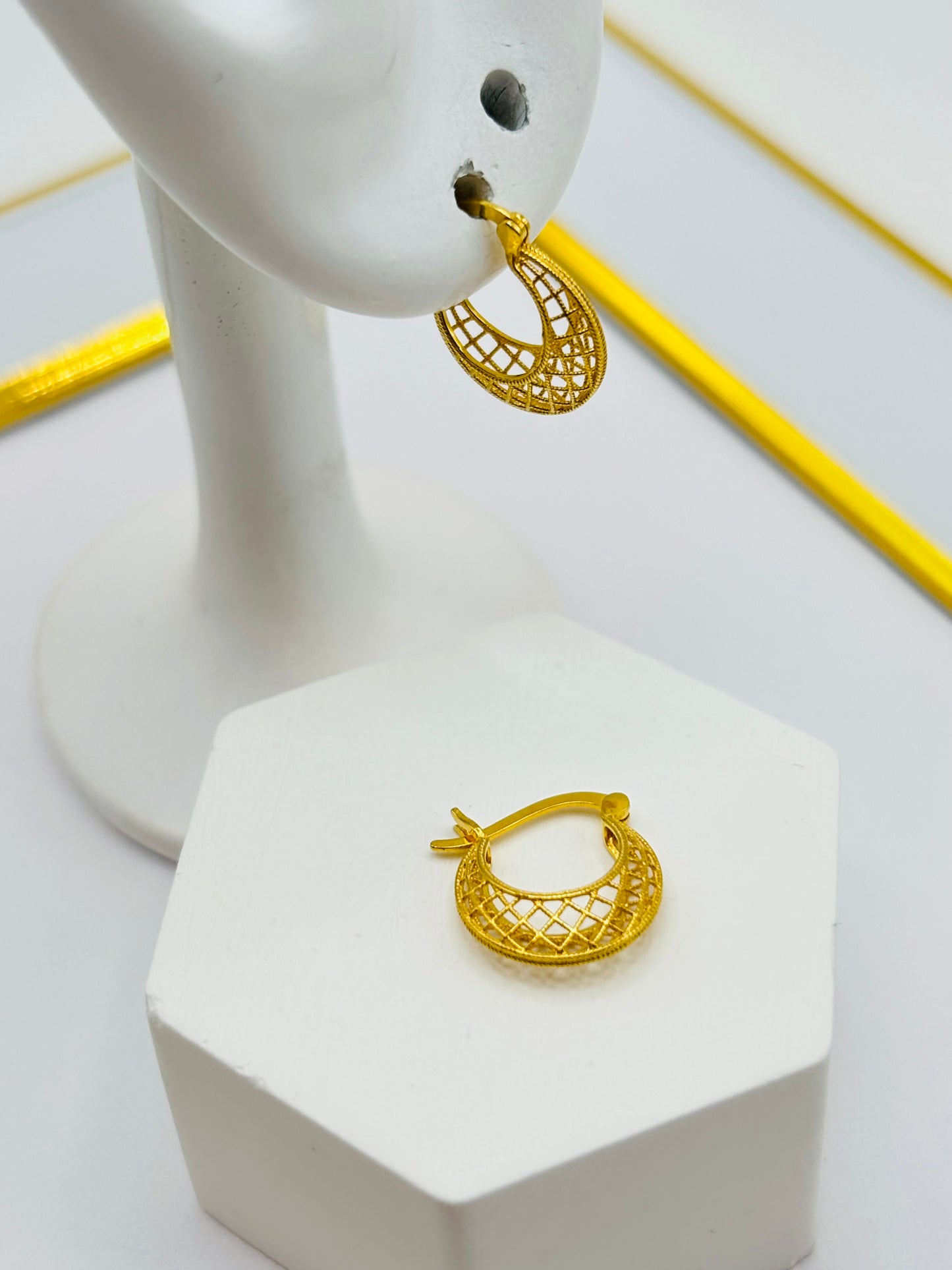 18K Gold Net Loop Earrings (Small or Huggies)