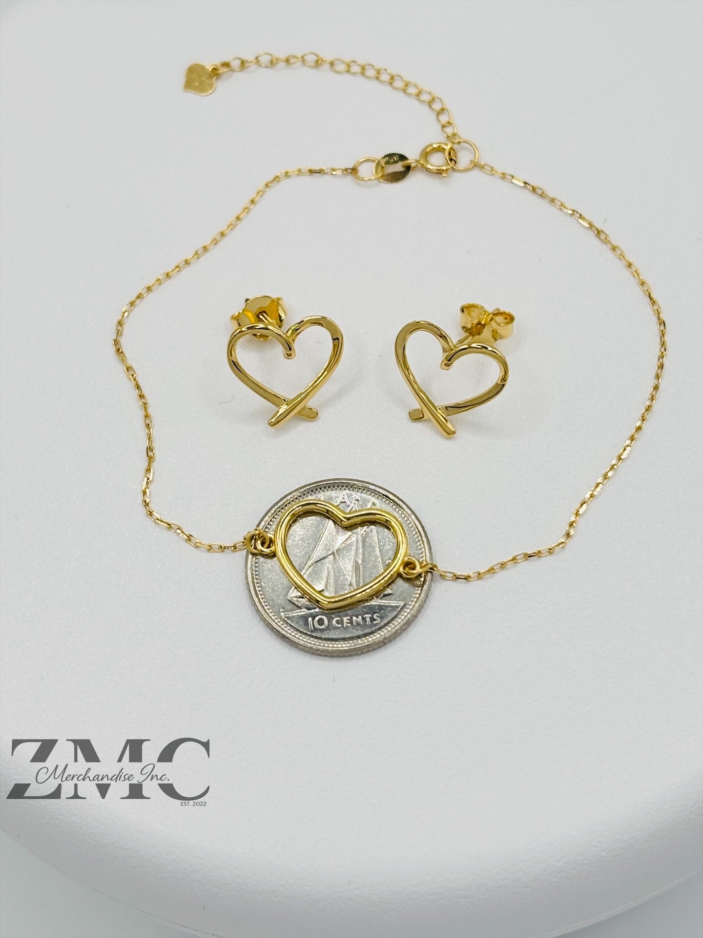 18K Gold Open Heart Earrings and Bracelet Set