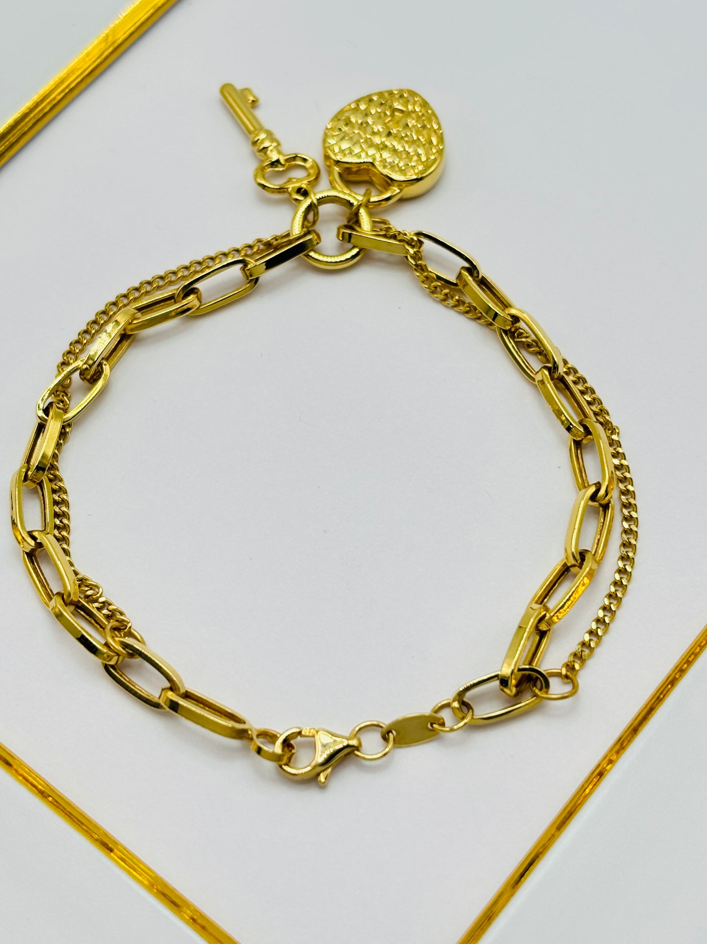 K18 Japan Gold Double Bracelet with Hearth & key Charm Bracelet