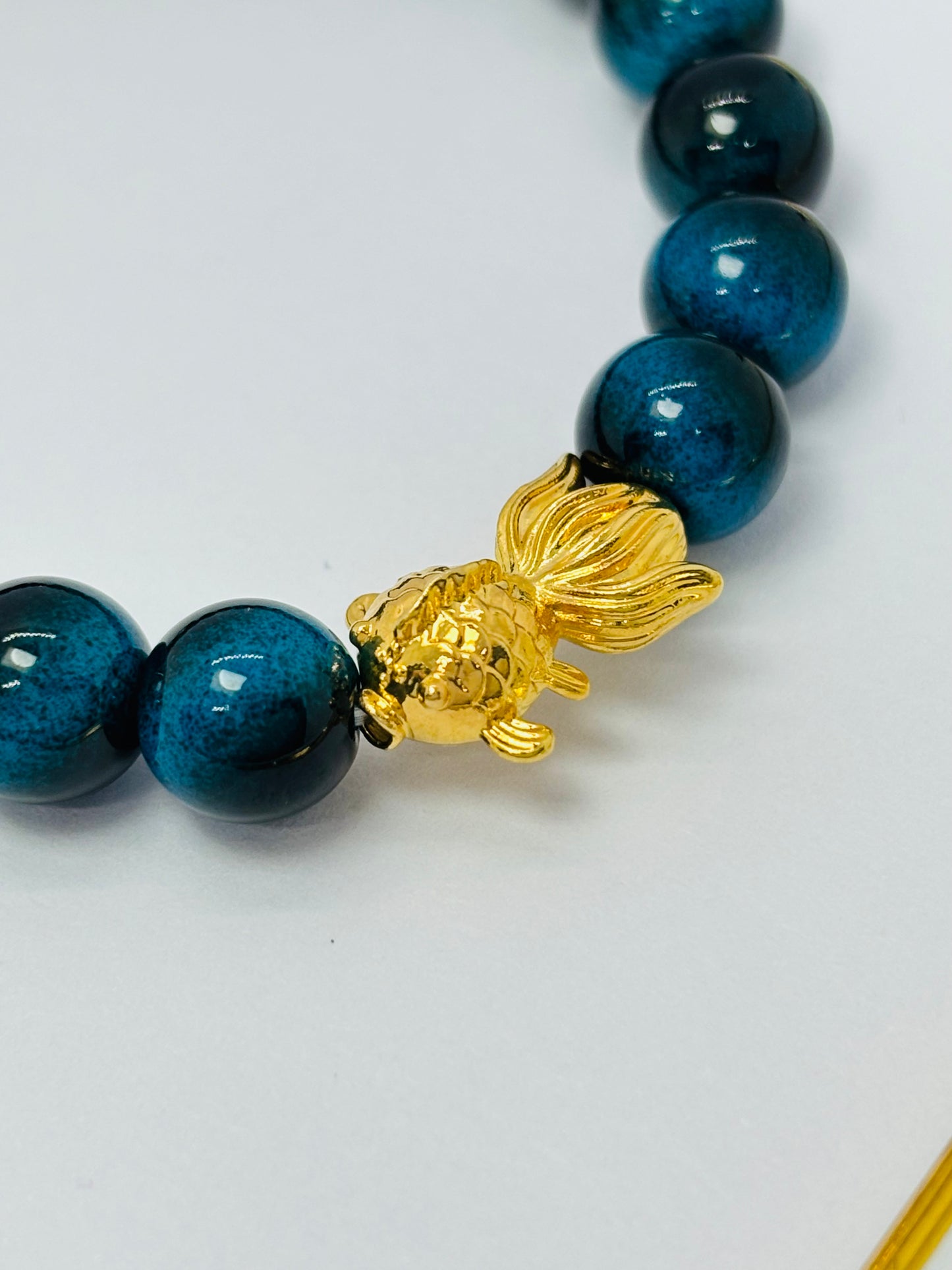 18K Gold Lucky Koi Fish Blue Tiger Eye Stone ( Hollow Empty Inside) Medium Size