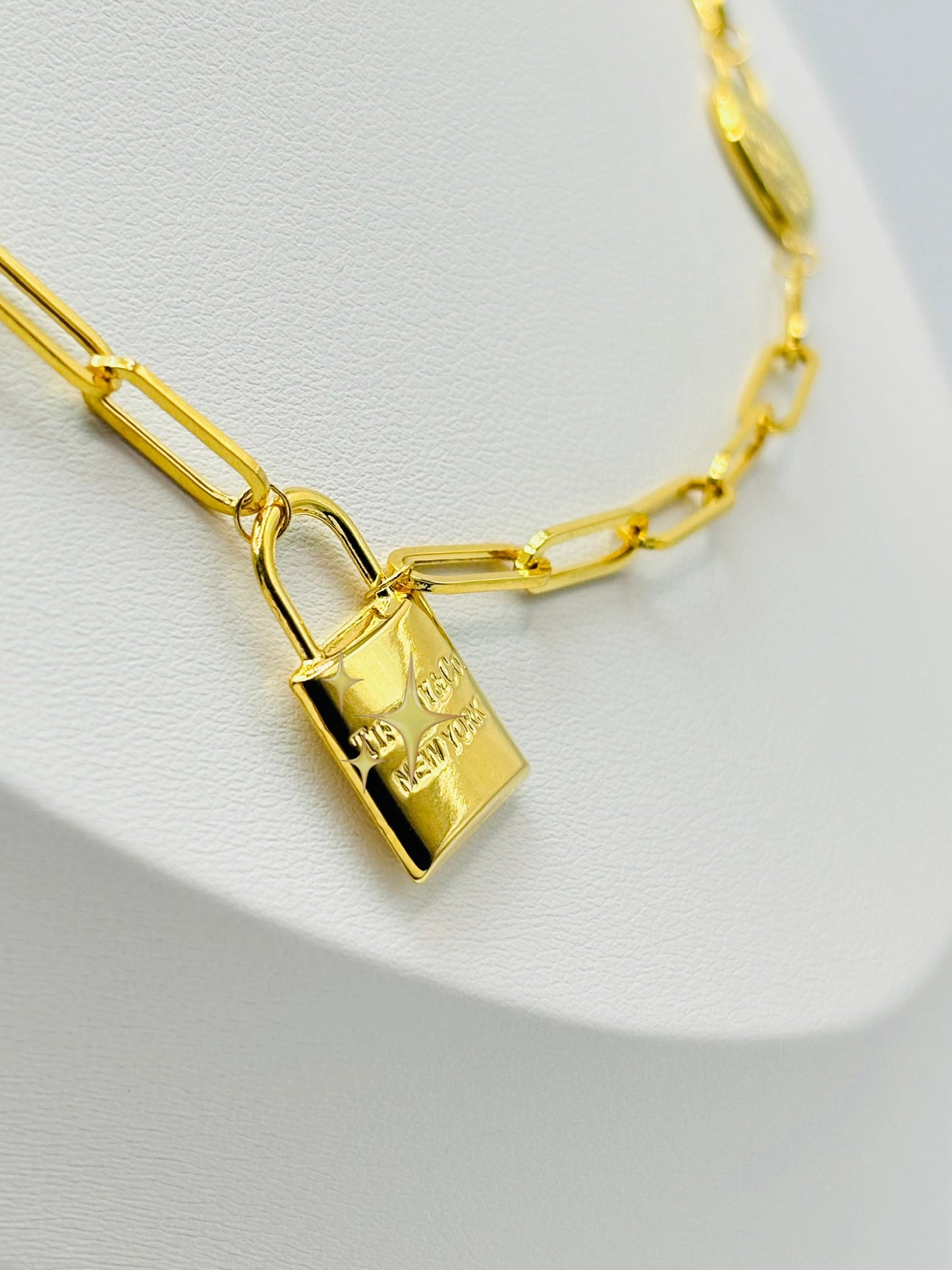 18K Gold Paperclip with Padlock and Heart Charm Necklace