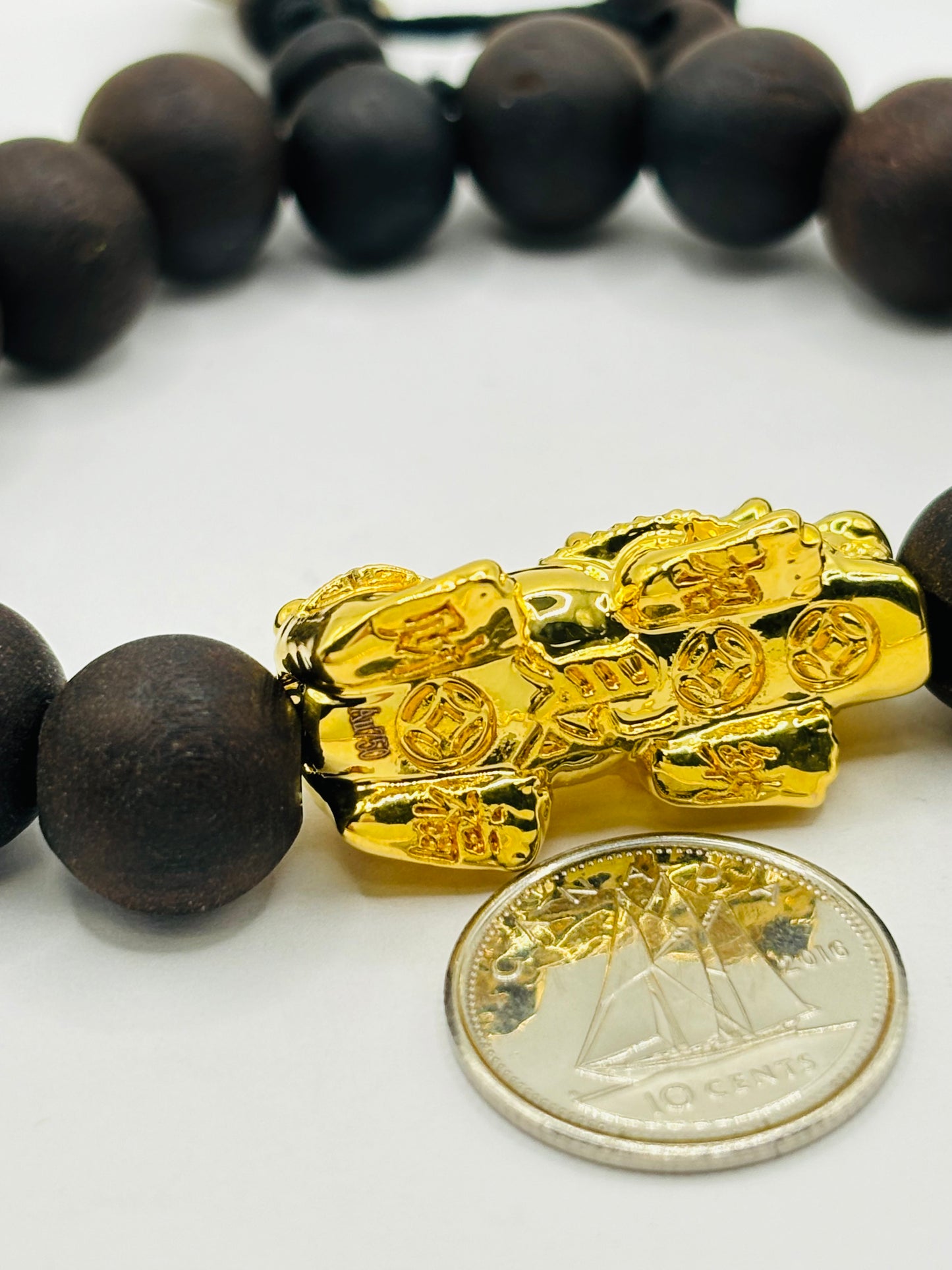 18K Gold Lucky Piyao/ Pi Xiu Bracelet Dark Wood with Lucky Coin ( Hollow Empty Inside) XXL