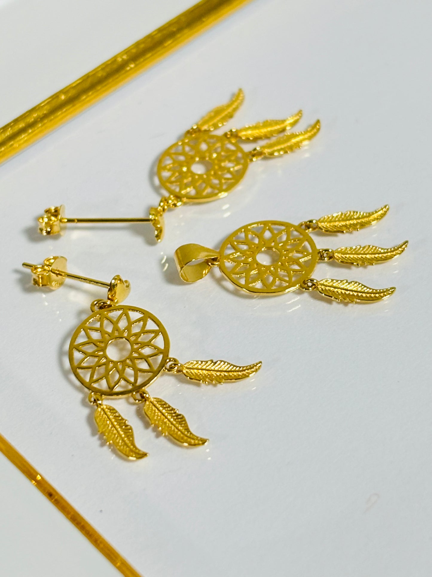 18K Gold dream Catcher Earrings and Pendant Set