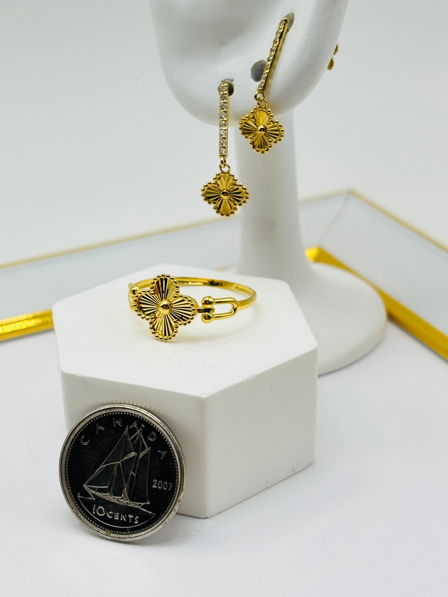 18K Gold Clover Dangling Earrings and Ring Set