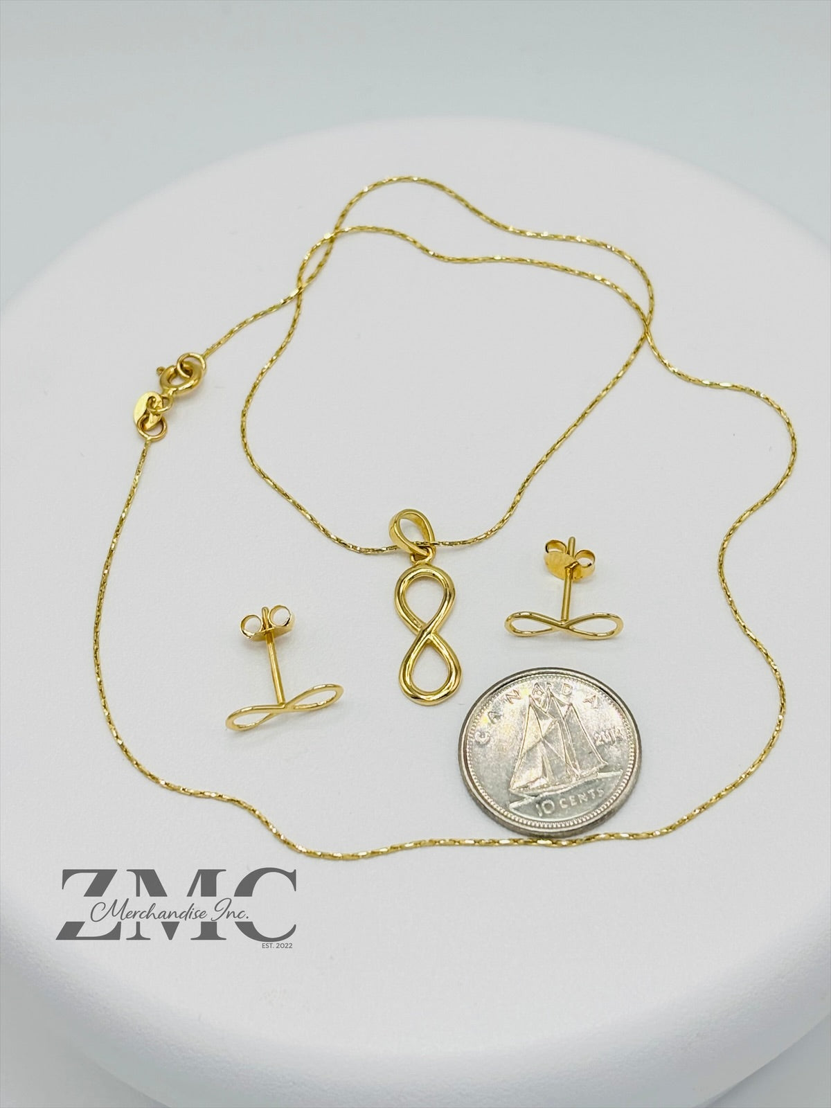 18K Gold Infinity Earrings and Necklace Set