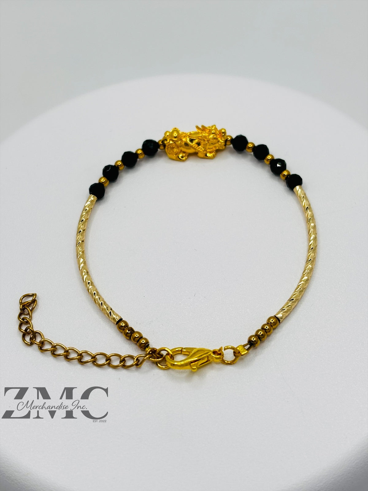 18K Gold Lucky Piyao/ Pi Xiu Green Sandstone Bracelet ( Hollow Empty Inside) Medium