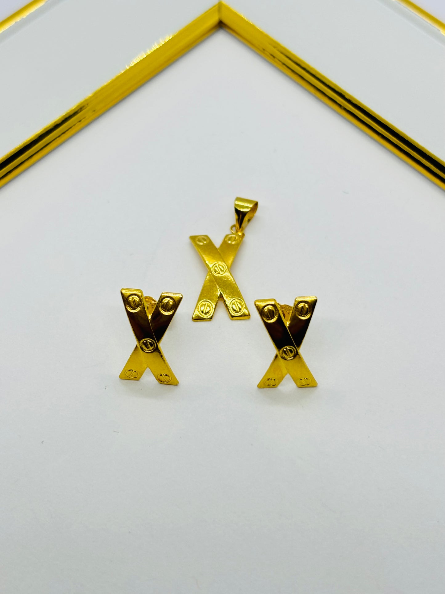 18K Gold X Earrings and Pendant Set