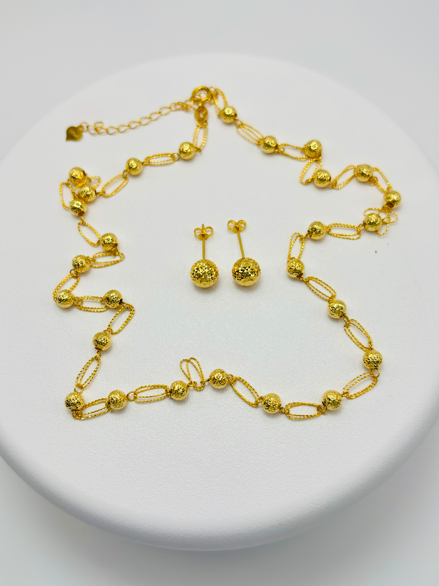 18K Gold Paperclip Diamond Cut Ball Necklace and Earrings Set