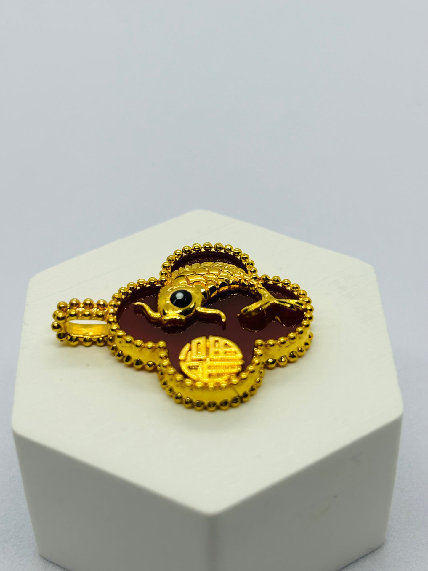 18K Gold Clover Koi Pendant Red (Hollow)