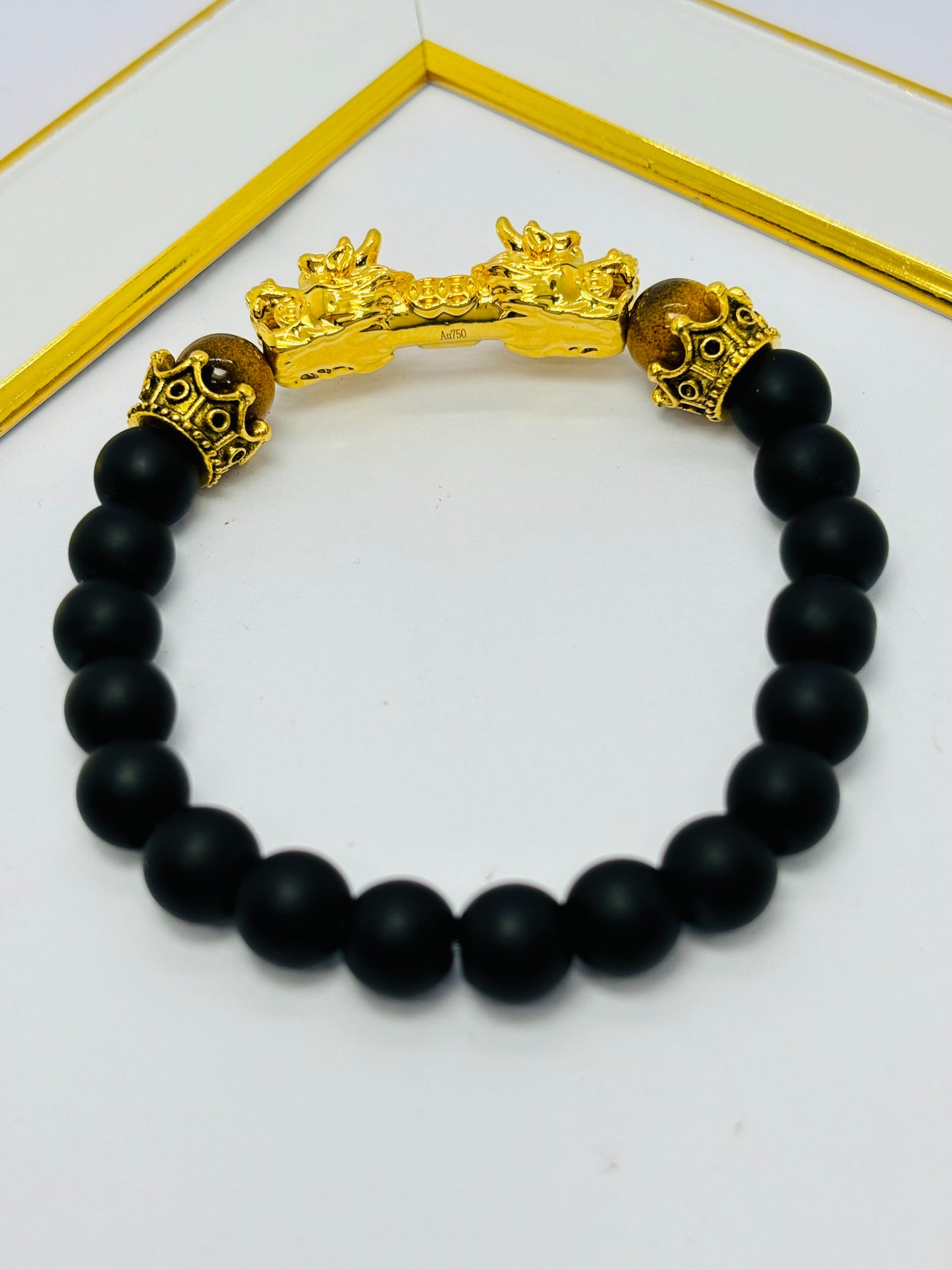 18K Gold Lucky Dragon Bracelet Tiger Eye, Black Obsidian Stone ( Hollow Empty Inside) XXL