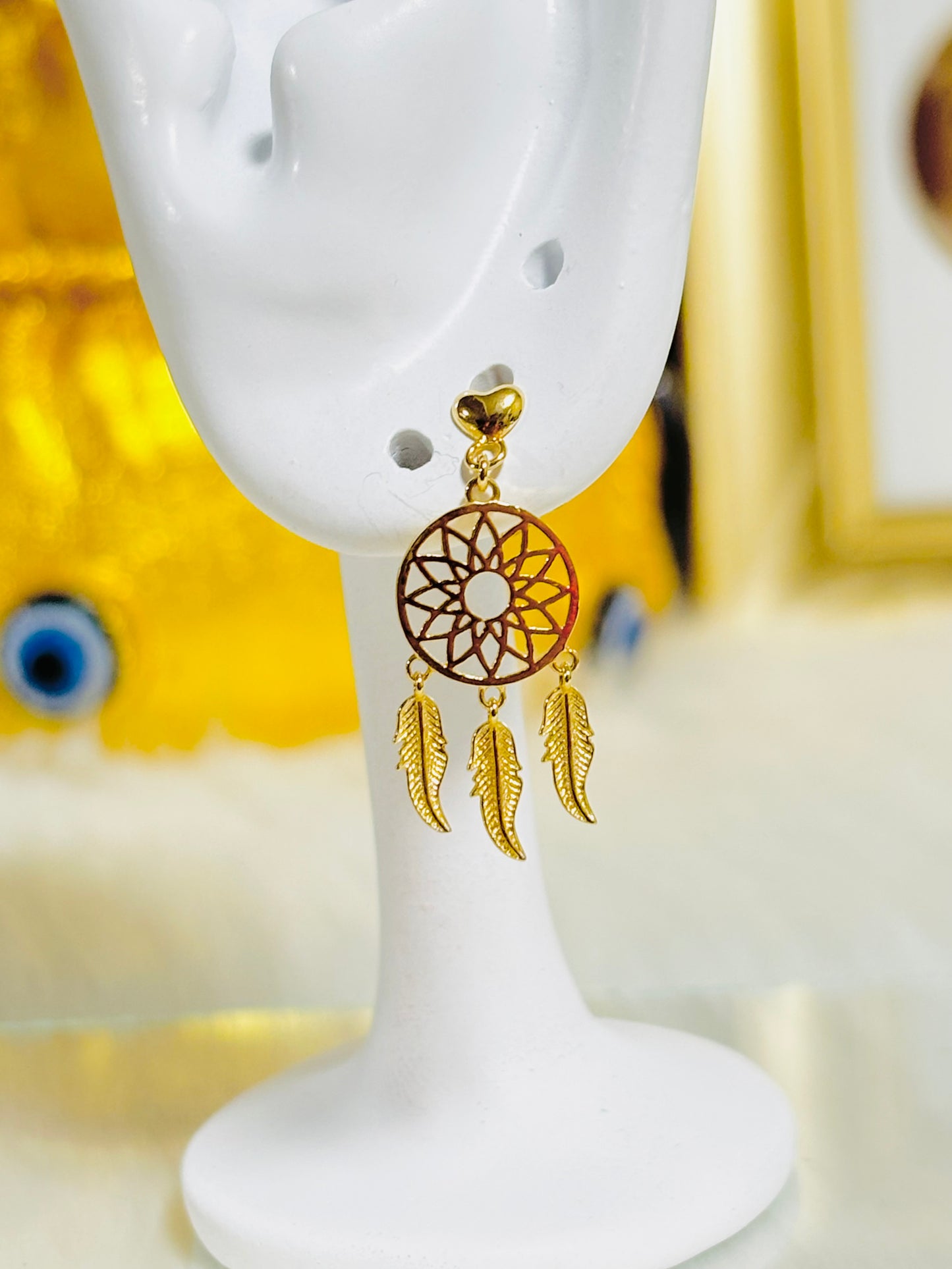 18K Gold Dream Catcher Dangling Earrings