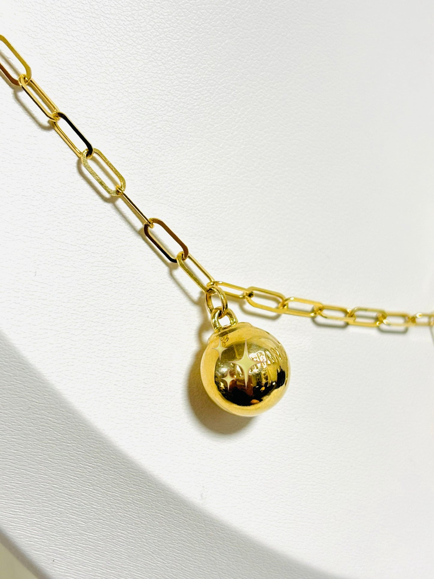 18K Gold Paperclip with Heart and Ball Charm Necklace