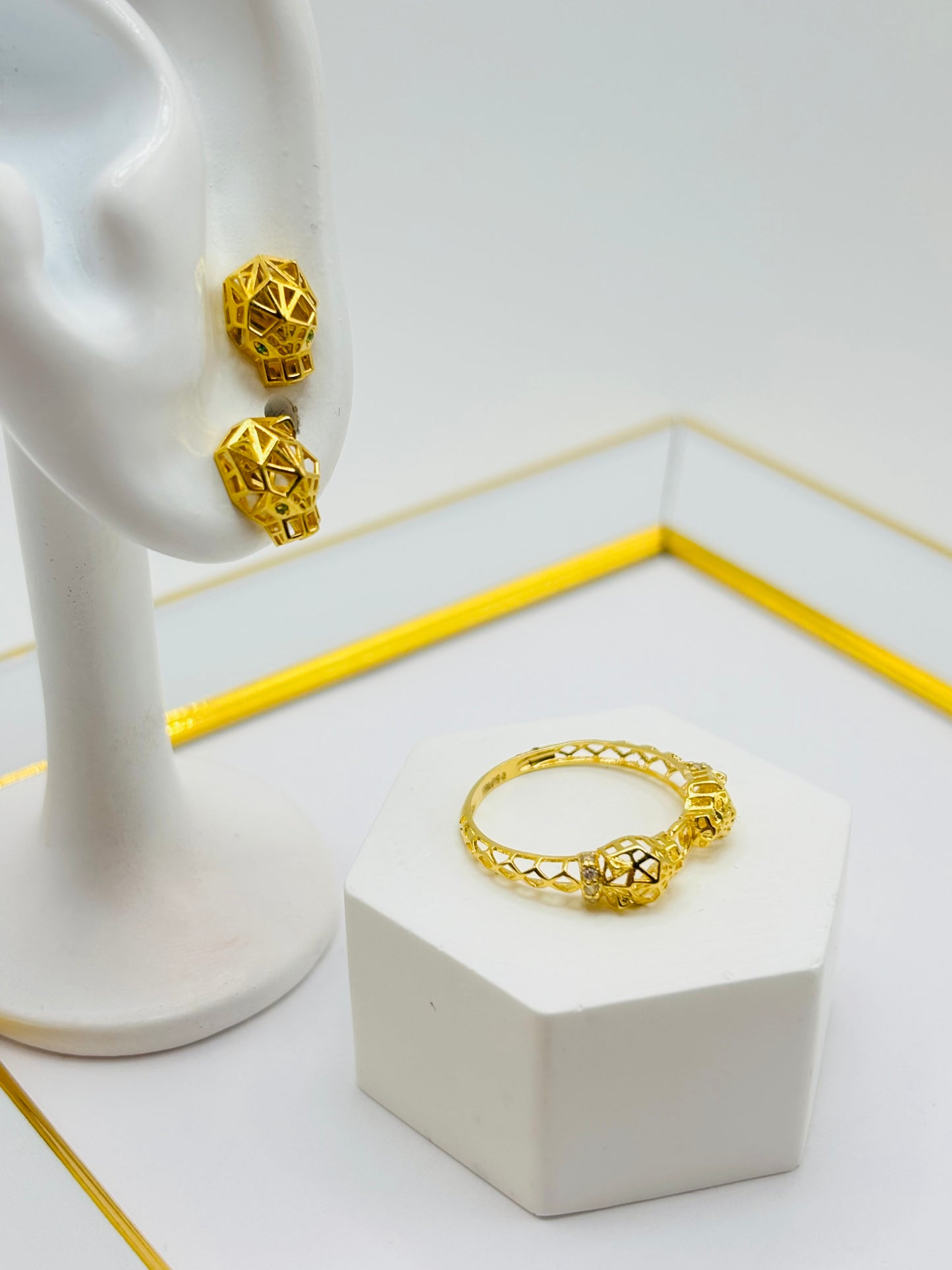 18K Gold Panther Earrings and Ring Set