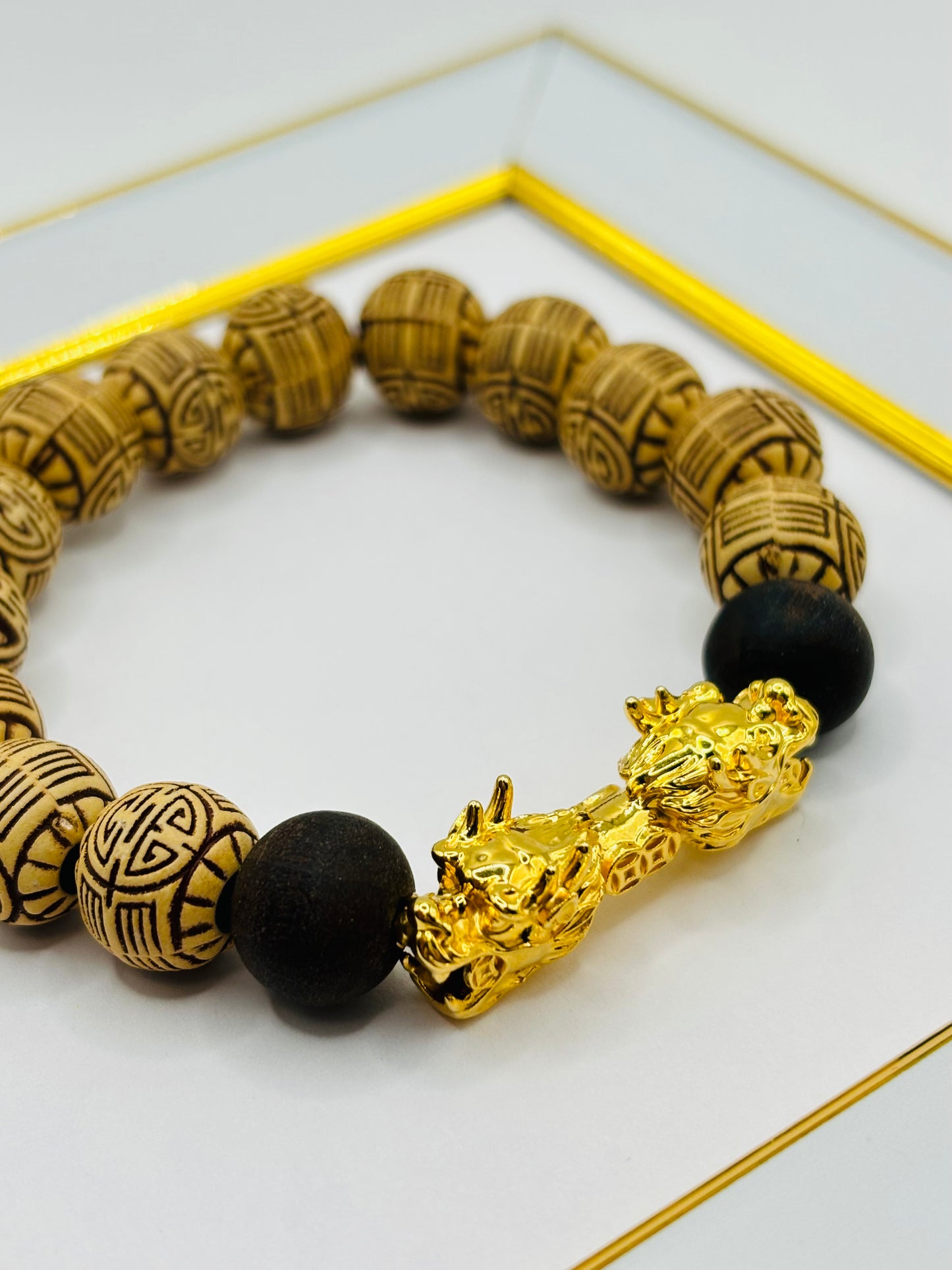 18K Gold Lucky Dragon Bracelet ( Hollow Empty Inside) Natural Carved Wood XXL