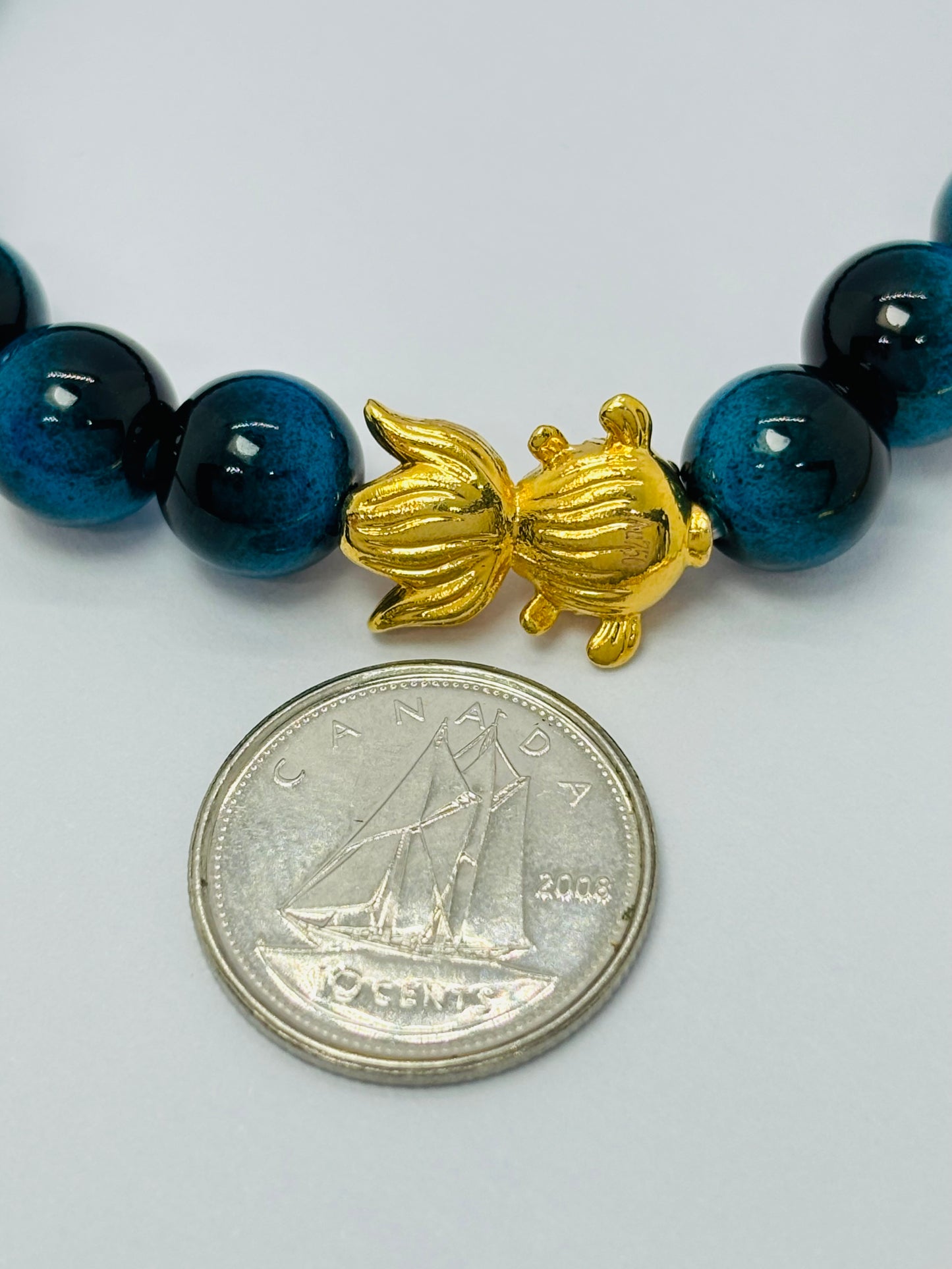 18K Gold Lucky Koi Fish Blue Tiger Eye Stone ( Hollow Empty Inside) Medium Size
