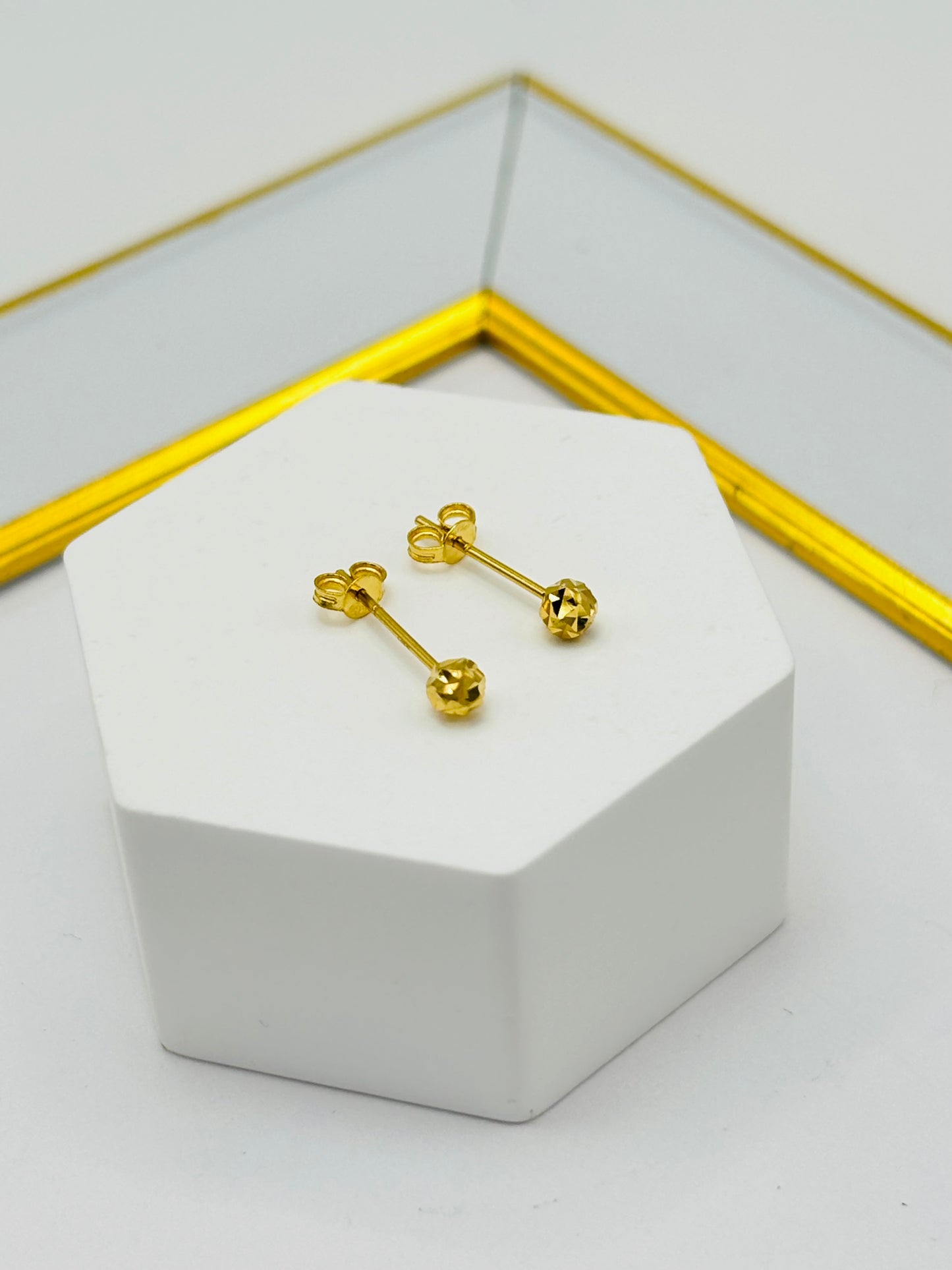 18K Gold Plain Small Diamond Cut Ball Kids Earrings