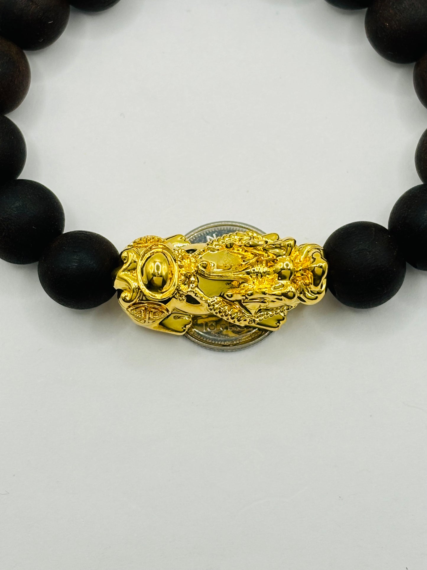 18K Gold Lucky Piyao/ Pi Xiu Bracelet Dark Wood with Lucky Coin ( Hollow Empty Inside) XXL