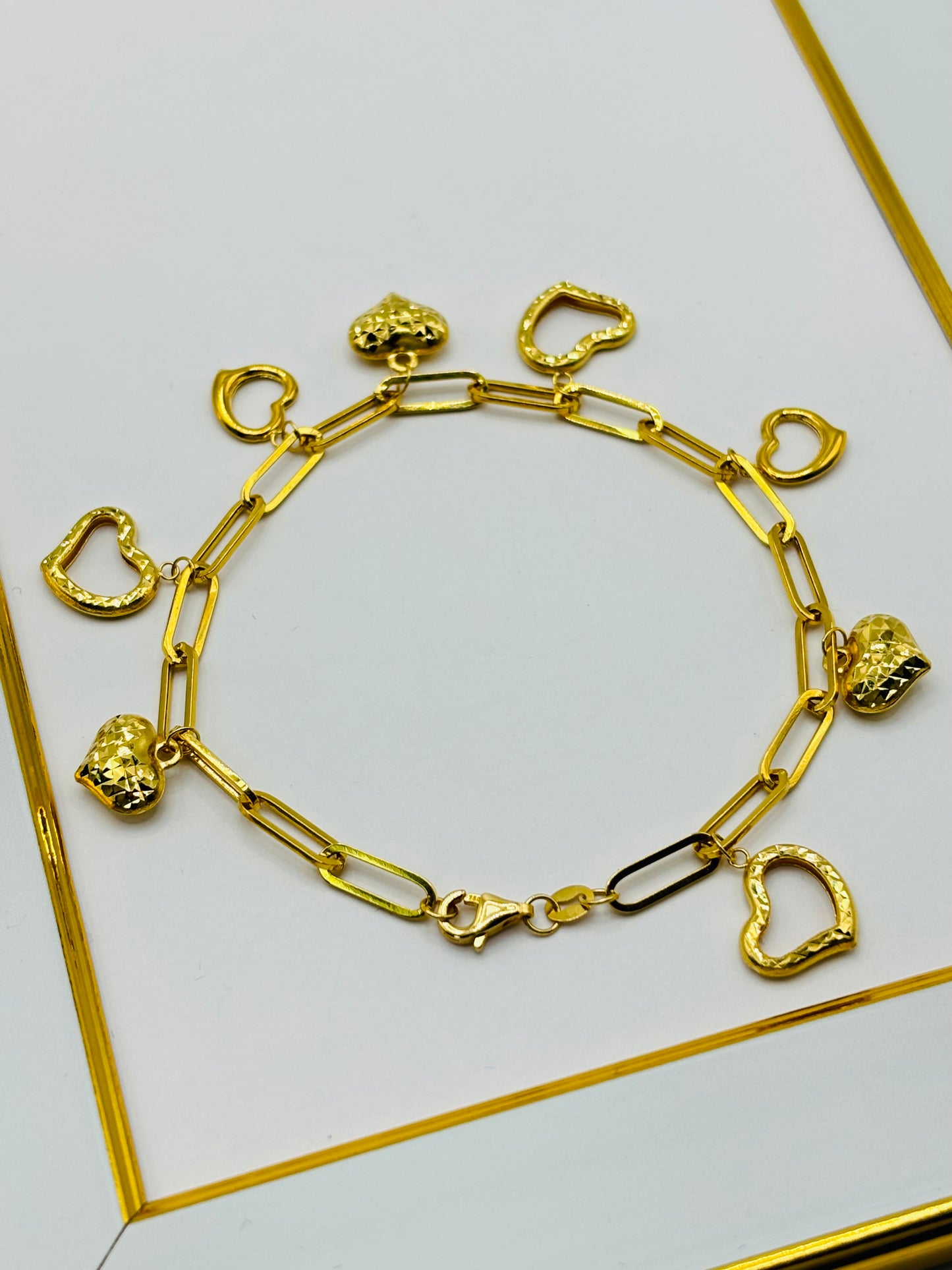 18K Gold Paperclip Bracelet with Hearts Charm