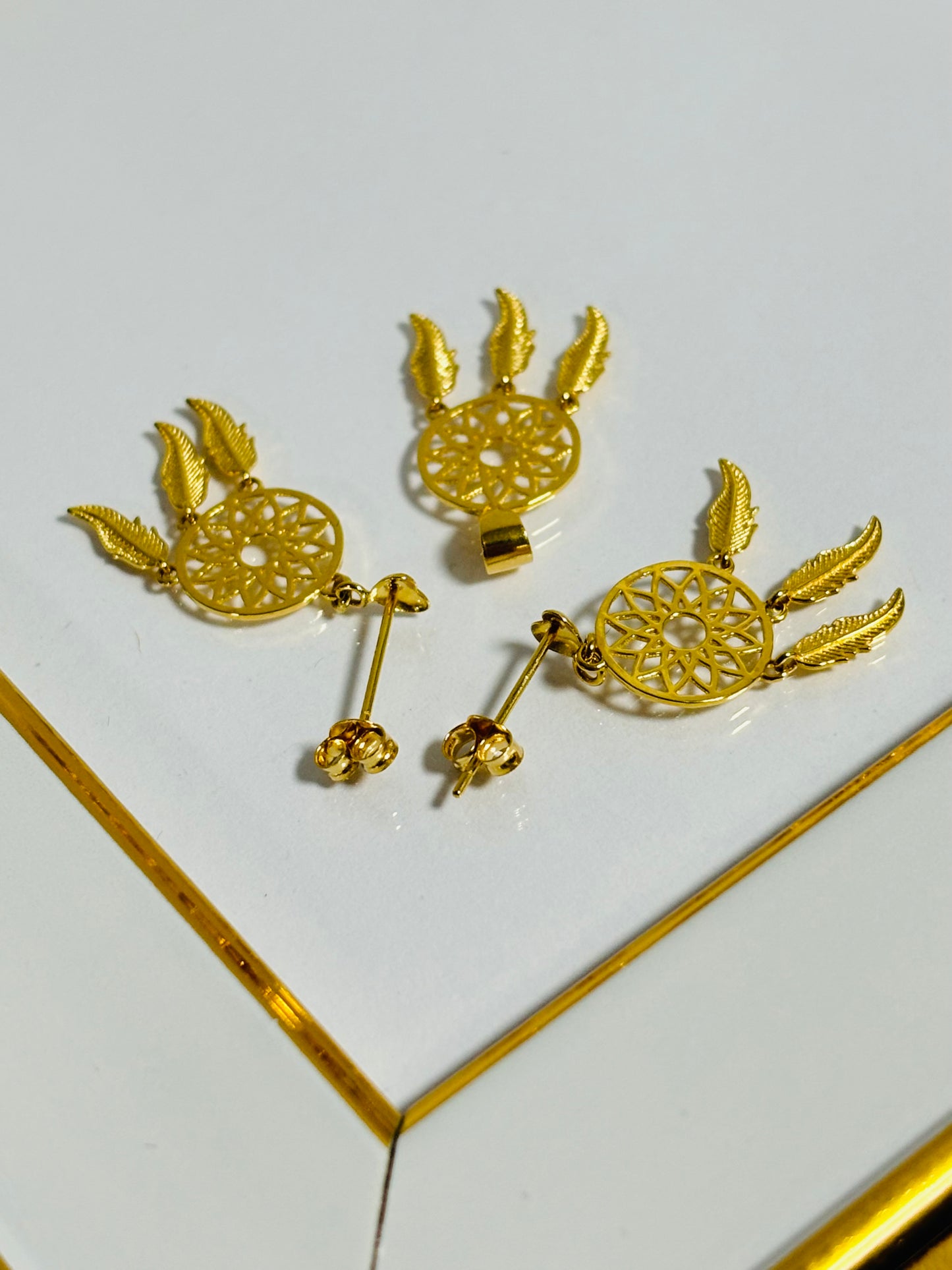 18K Gold dream Catcher Earrings and Pendant Set