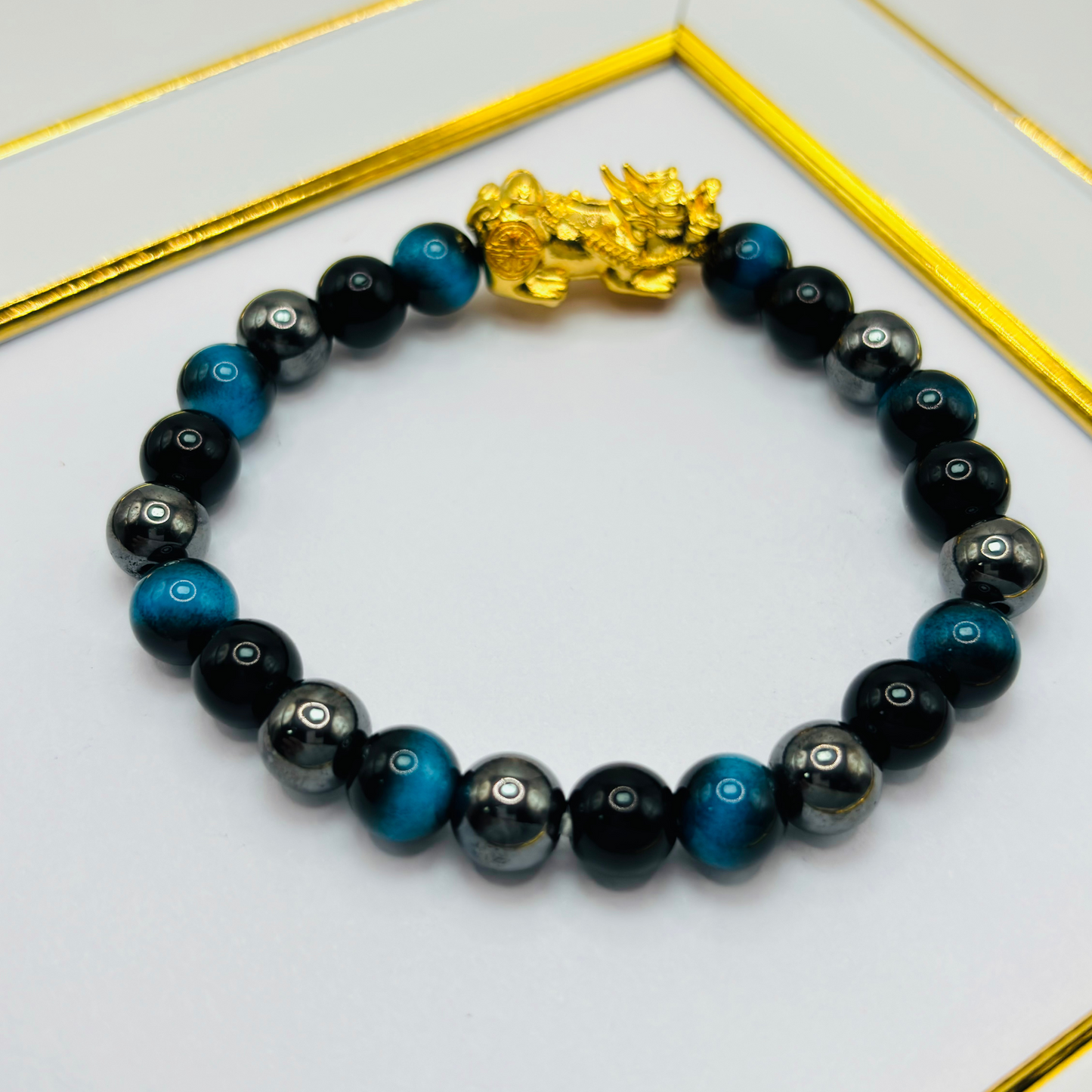 18K Gold Lucky Piyao/ Pi Xiu Tiger Eye, Black Obsidian, Hematite Stone ( Hollow Empty Inside) Extra Large Size