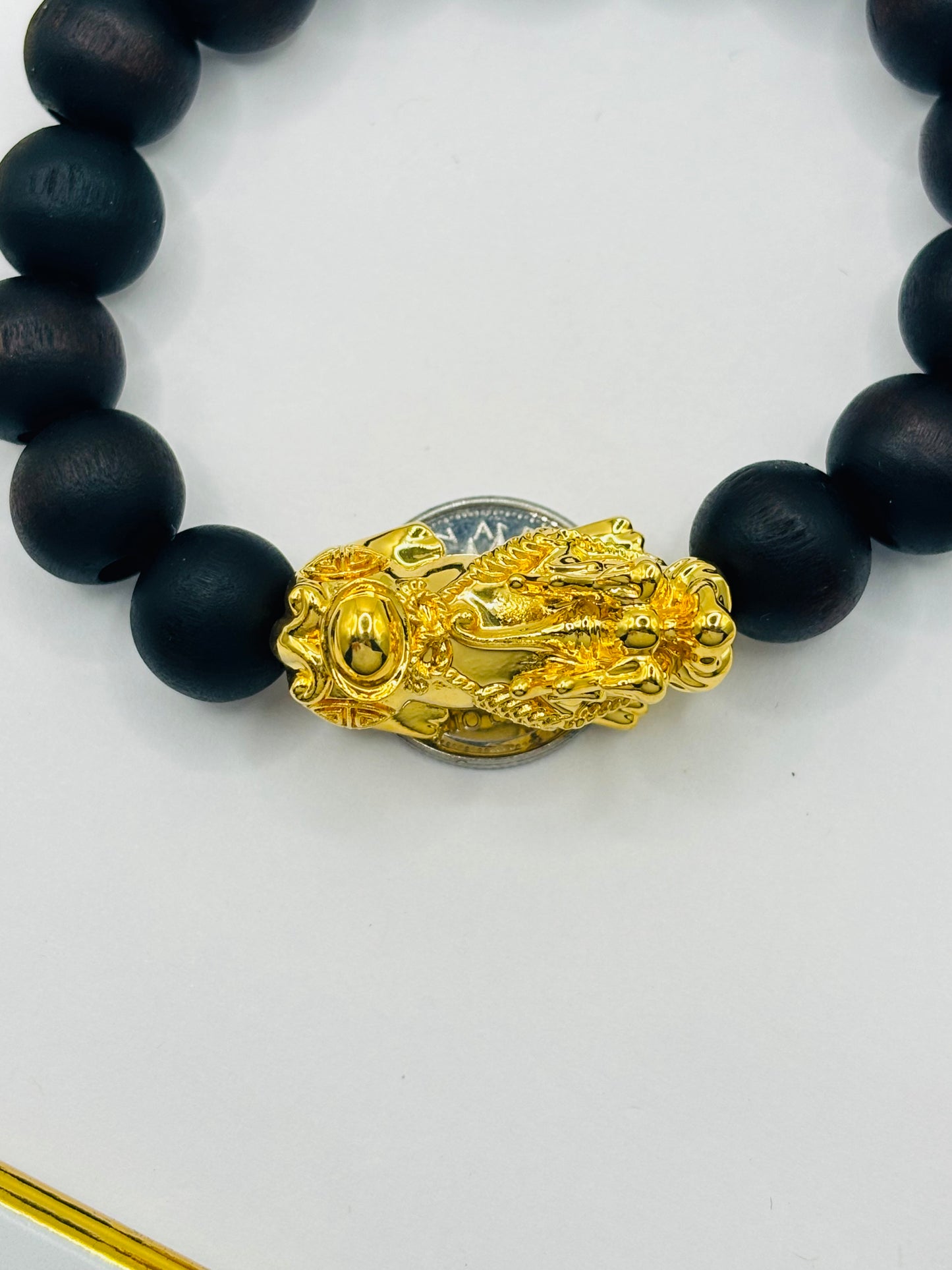 18K Gold  Lucky Piyao/ Pi Xiu Bracelet Dark Wood with Lucky Coin ( Hollow Empty Inside) XXL