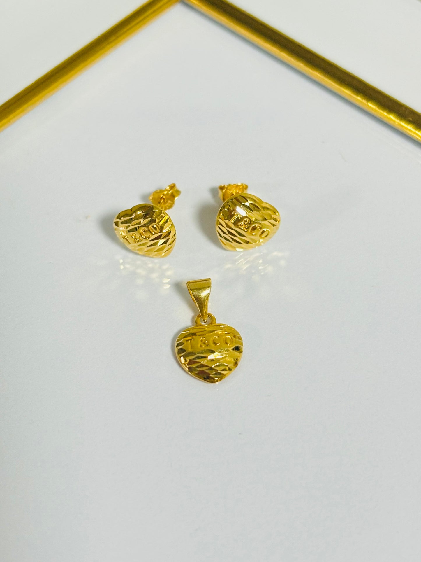 18K Gold T&C Heart Earrings and Pendant Set