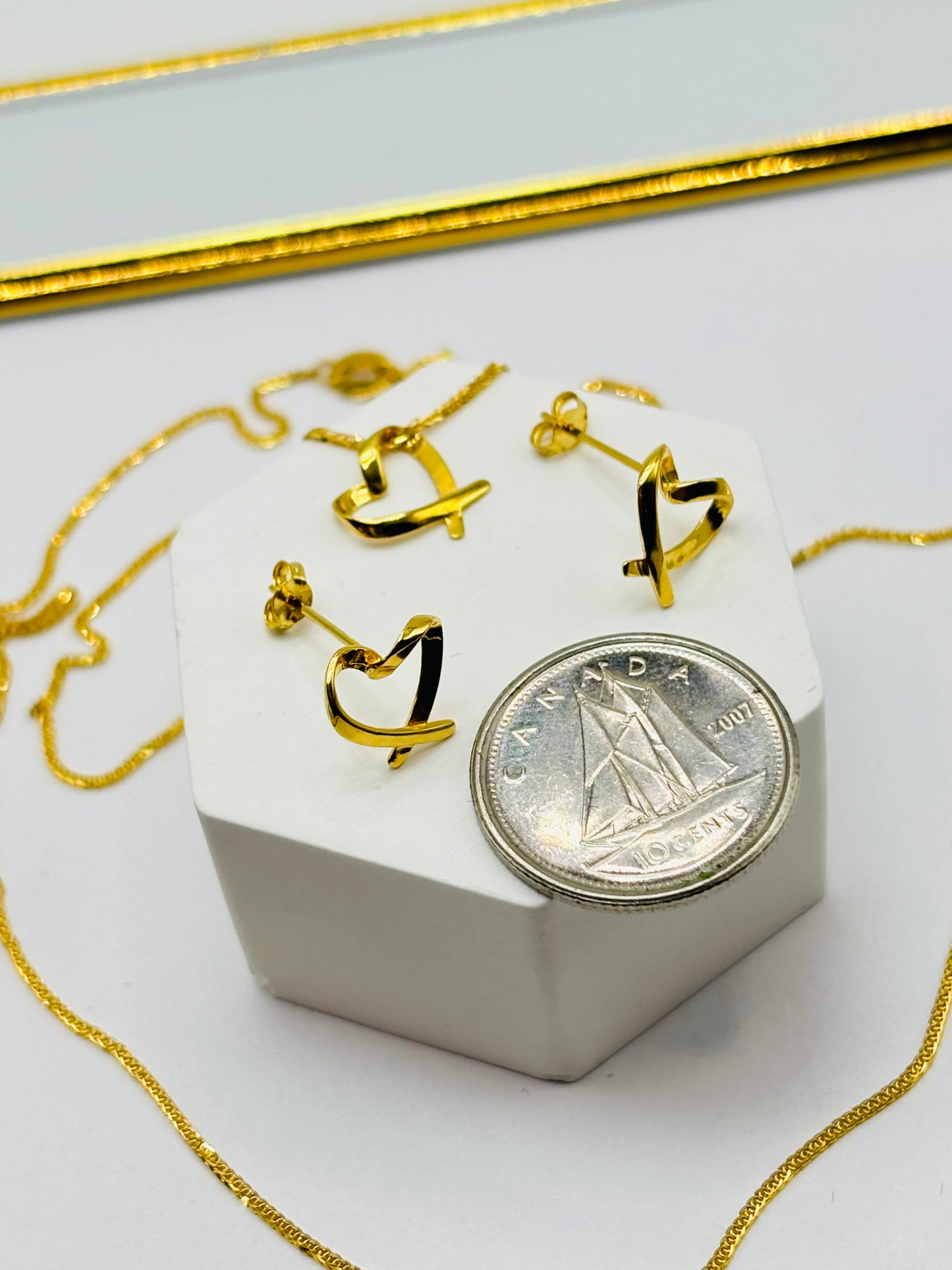 18K Gold Foxtail Chain Necklace with Heart Pendant and Earrings Set