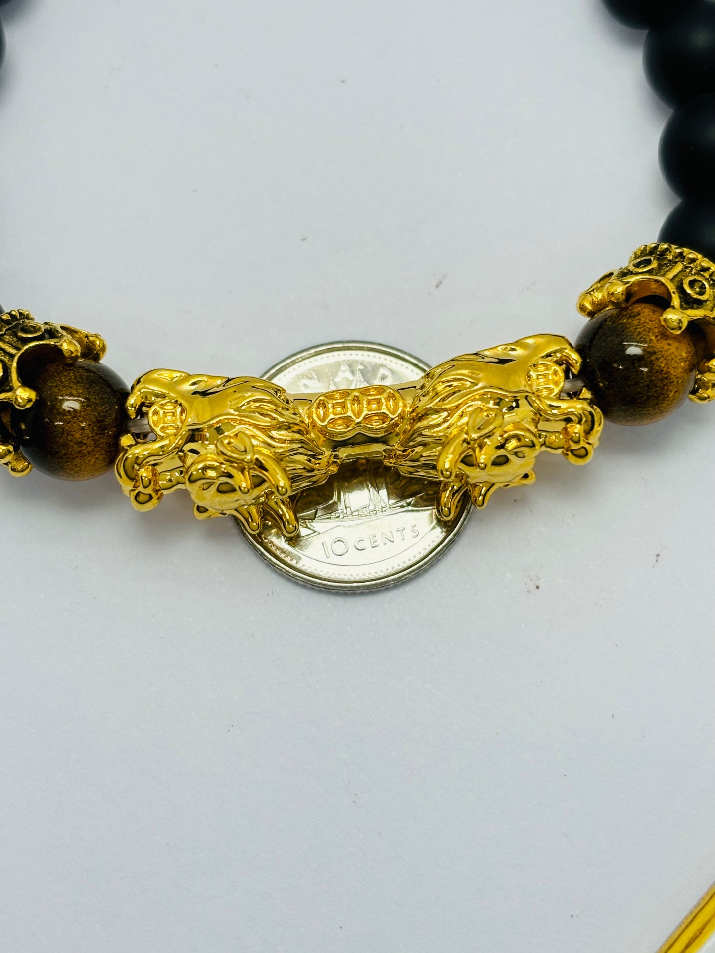18K Gold Lucky Dragon Bracelet Tiger Eye, Black Obsidian Stone ( Hollow Empty Inside) XXL