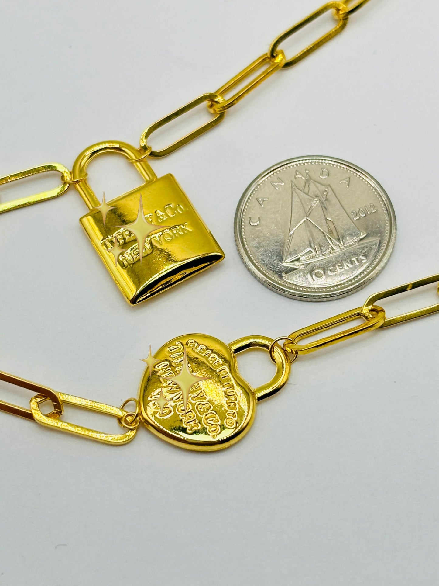 18K Gold Paperclip with Padlock and Heart Charm Necklace