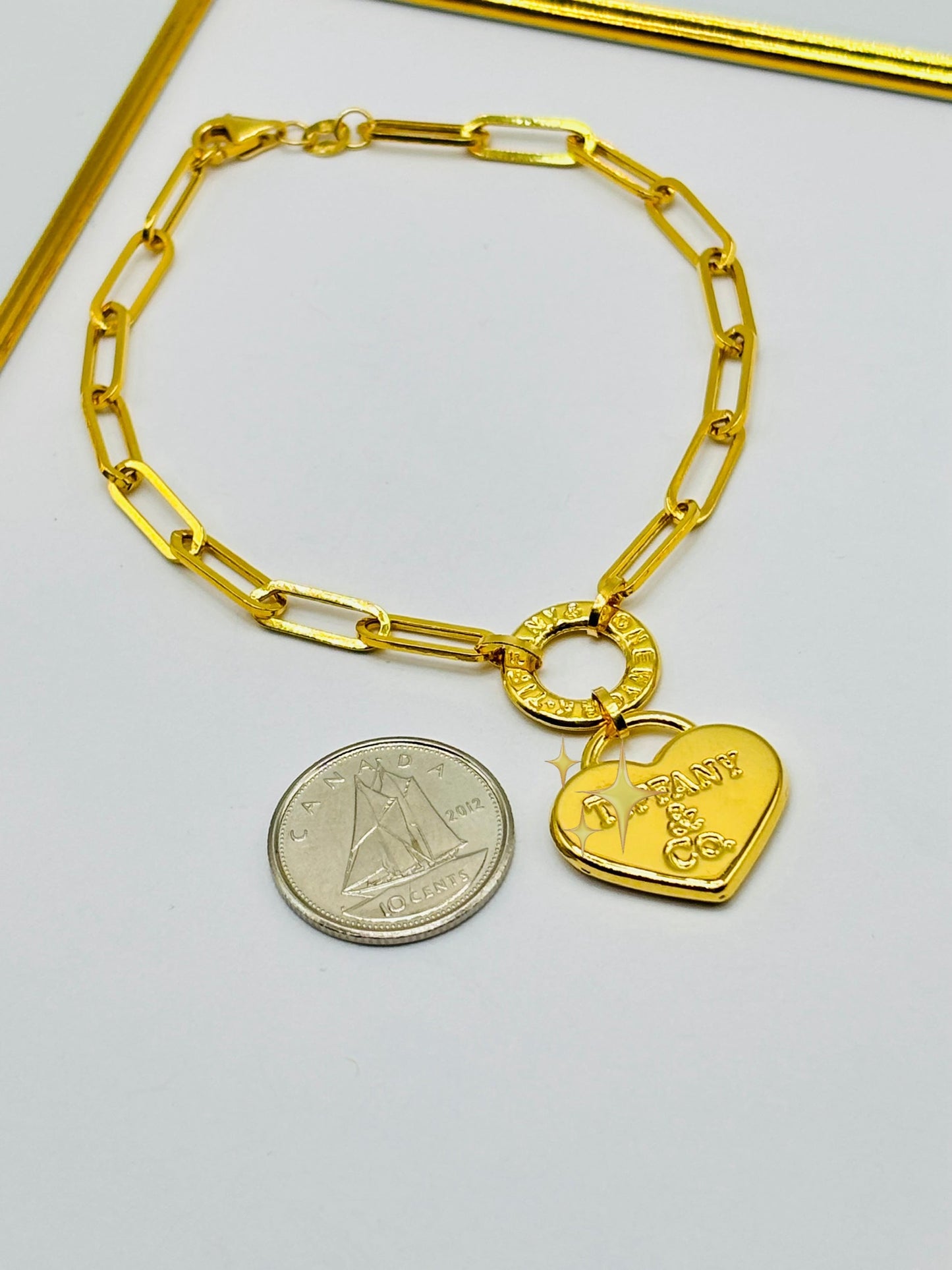18K Gold Paperclip with Heart Bracelet