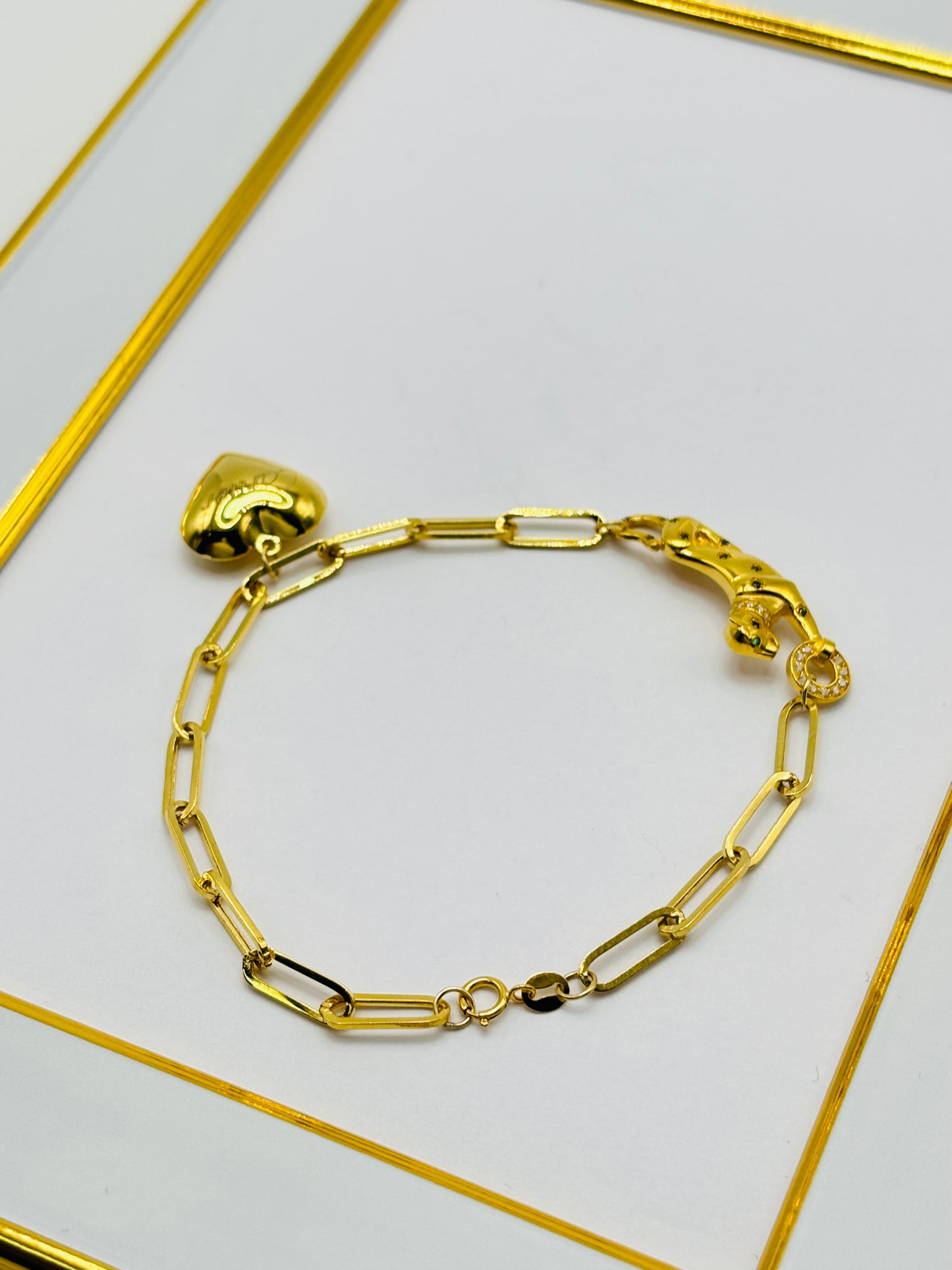 18K Gold Paperclip Panther Bracelet